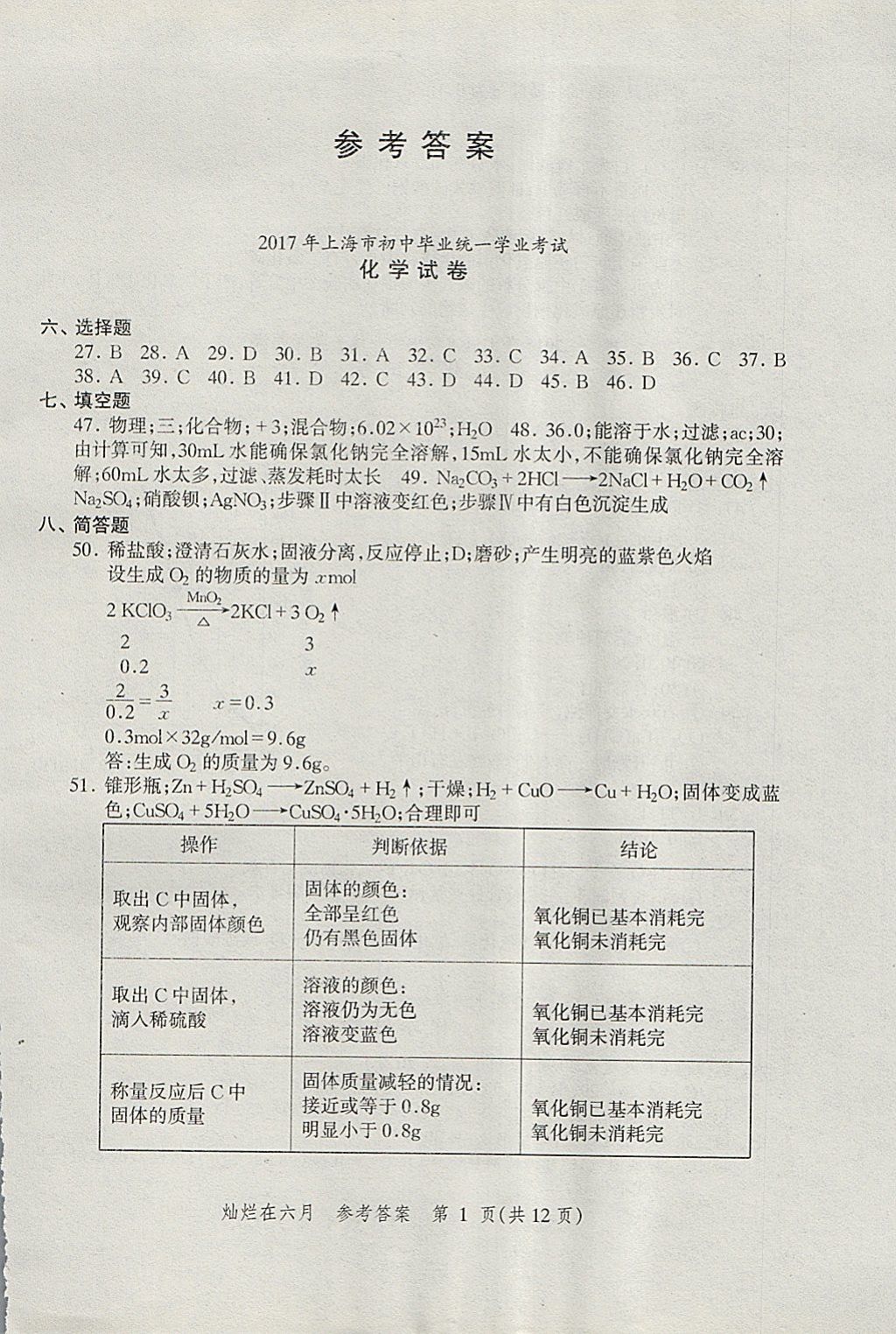 2018年灿烂在六月上海中考真卷化学 参考答案第1页