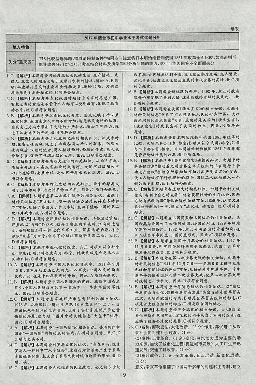 2018年智樂文化山東省初中學(xué)業(yè)水平考試專用中考真題匯編歷史 參考答案第9頁