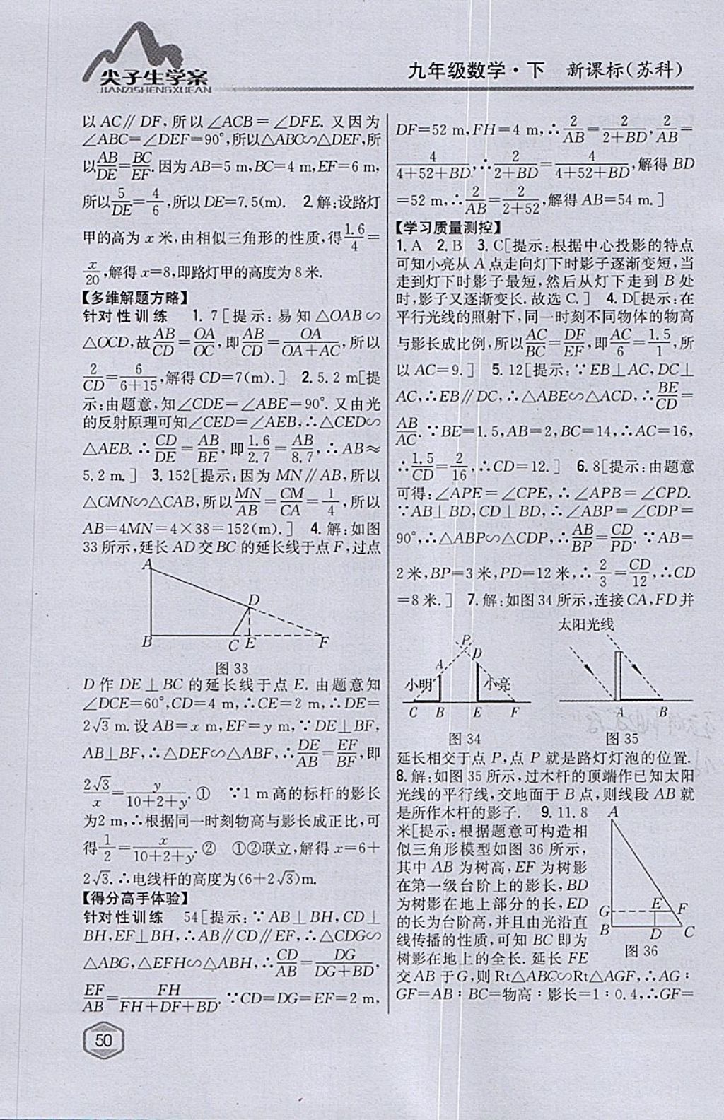 2018年尖子生学案九年级数学下册苏科版 参考答案第20页