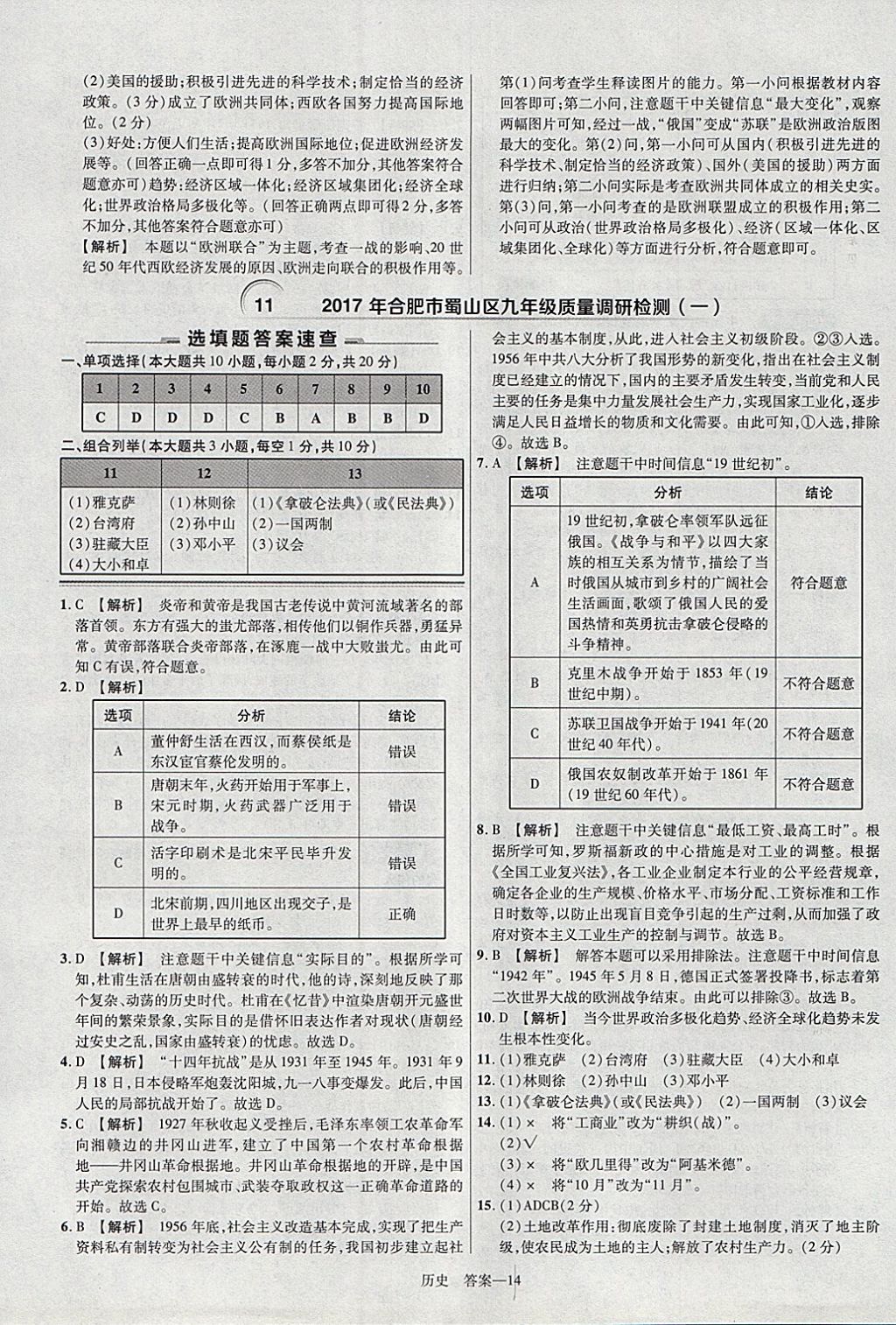 2018年金考卷安徽中考45套匯編歷史 參考答案第14頁