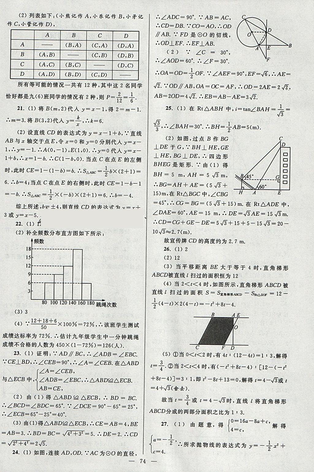 2018年亮點(diǎn)給力大試卷九年級(jí)數(shù)學(xué)下冊(cè)江蘇版 參考答案第74頁(yè)