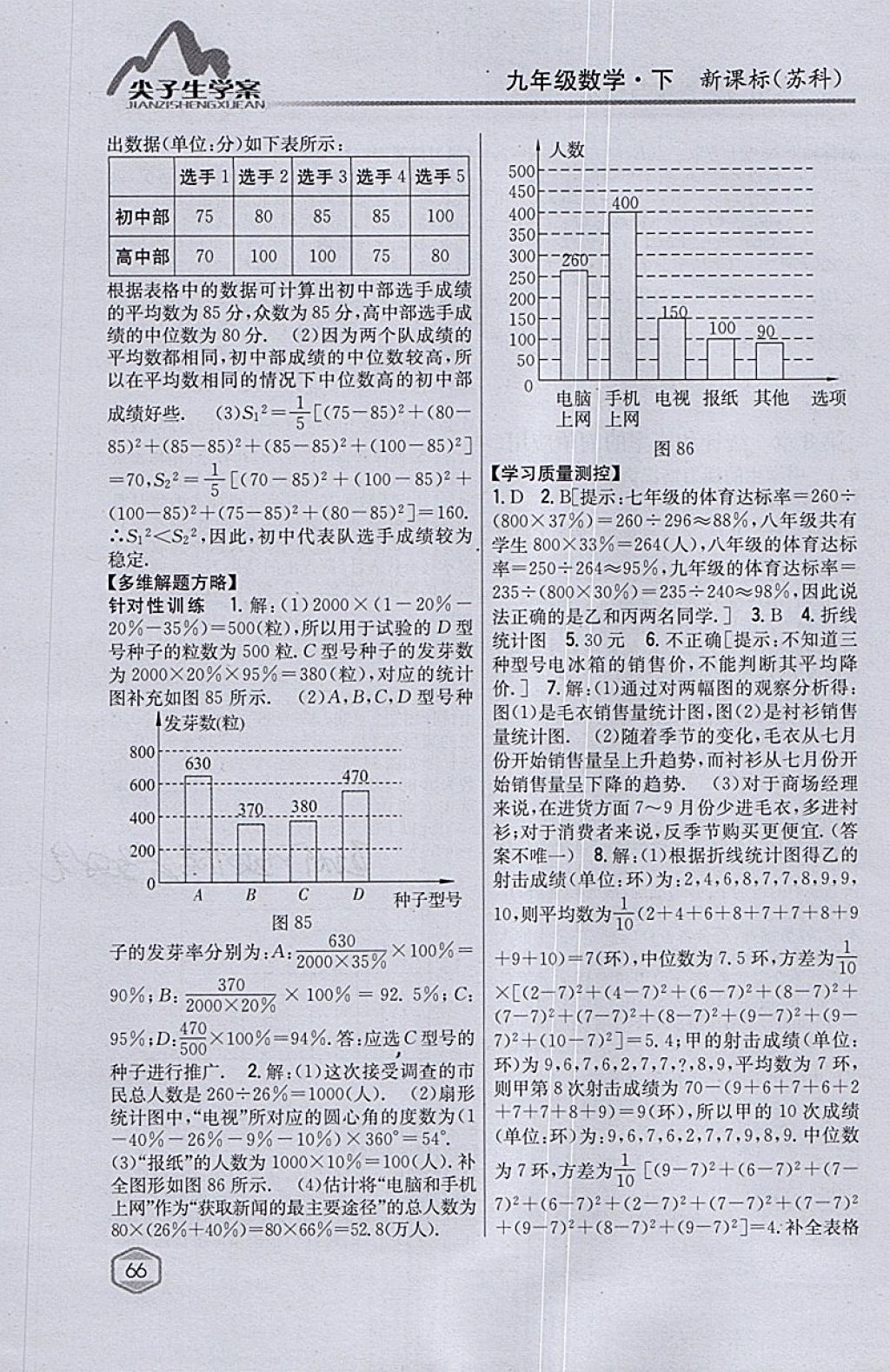 2018年尖子生学案九年级数学下册苏科版 参考答案第36页