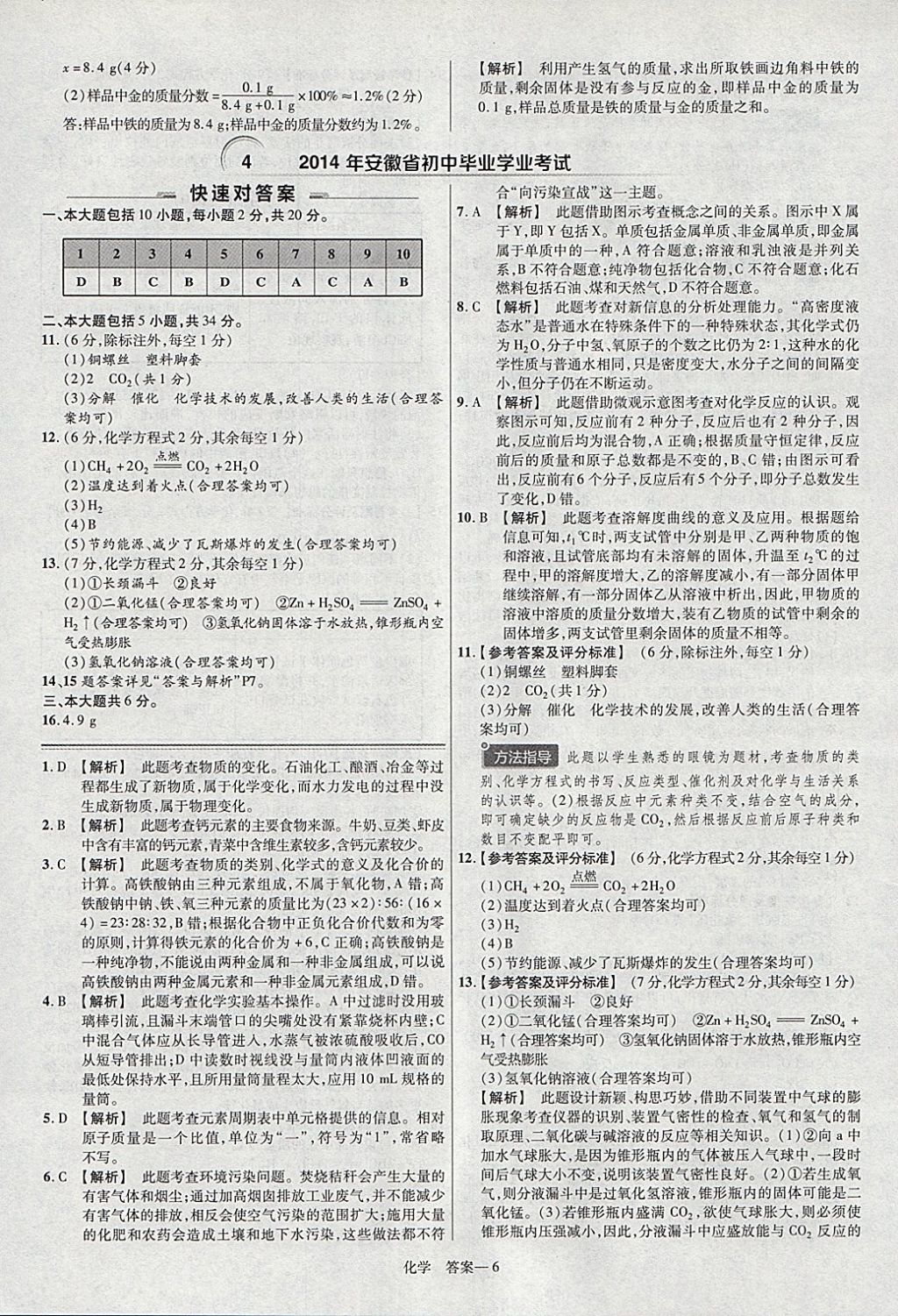 2018年金考卷安徽中考45套匯編化學(xué) 參考答案第6頁