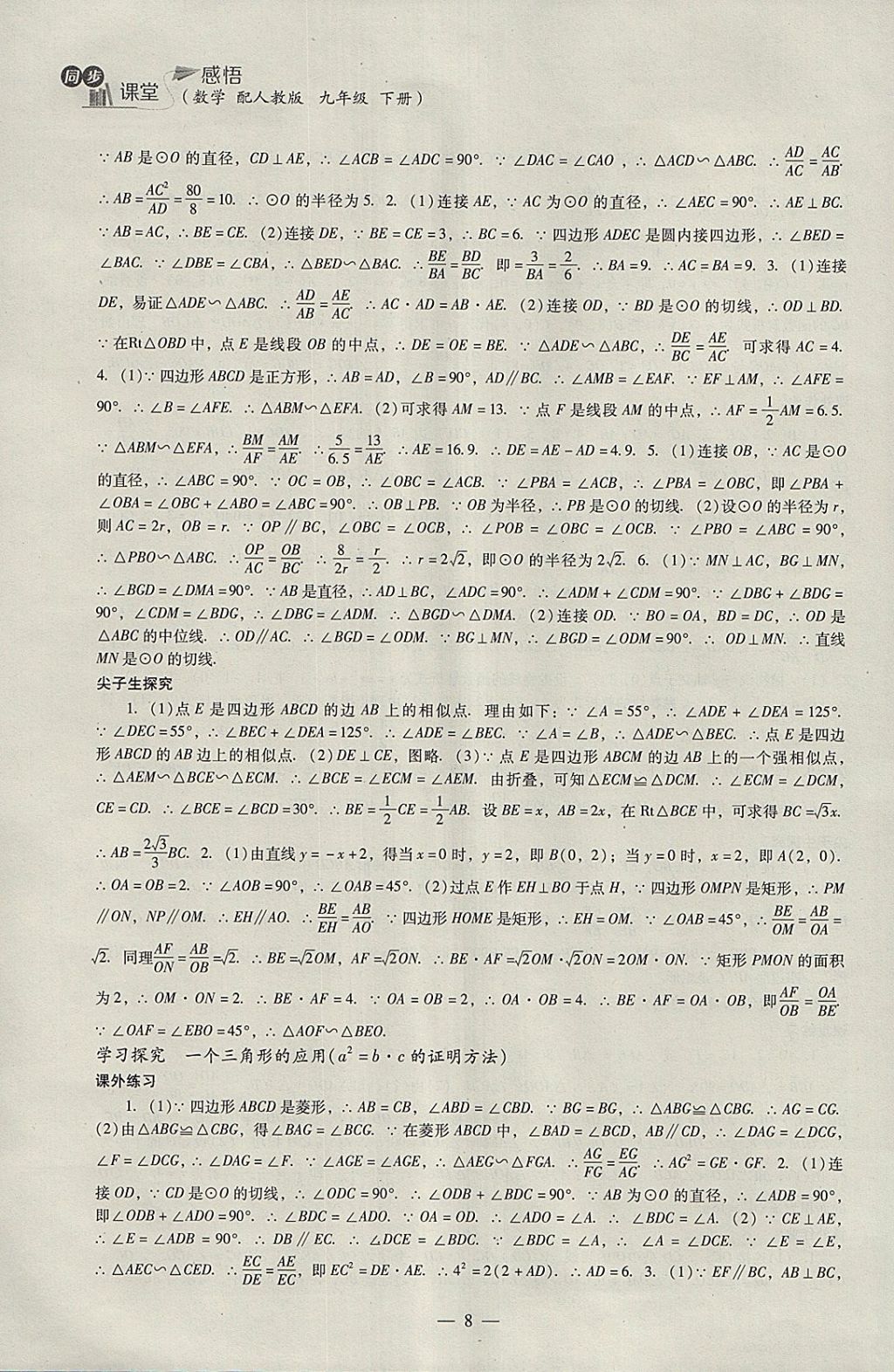 2018年同步課堂感悟九年級(jí)數(shù)學(xué)下冊(cè)人教版 參考答案第8頁