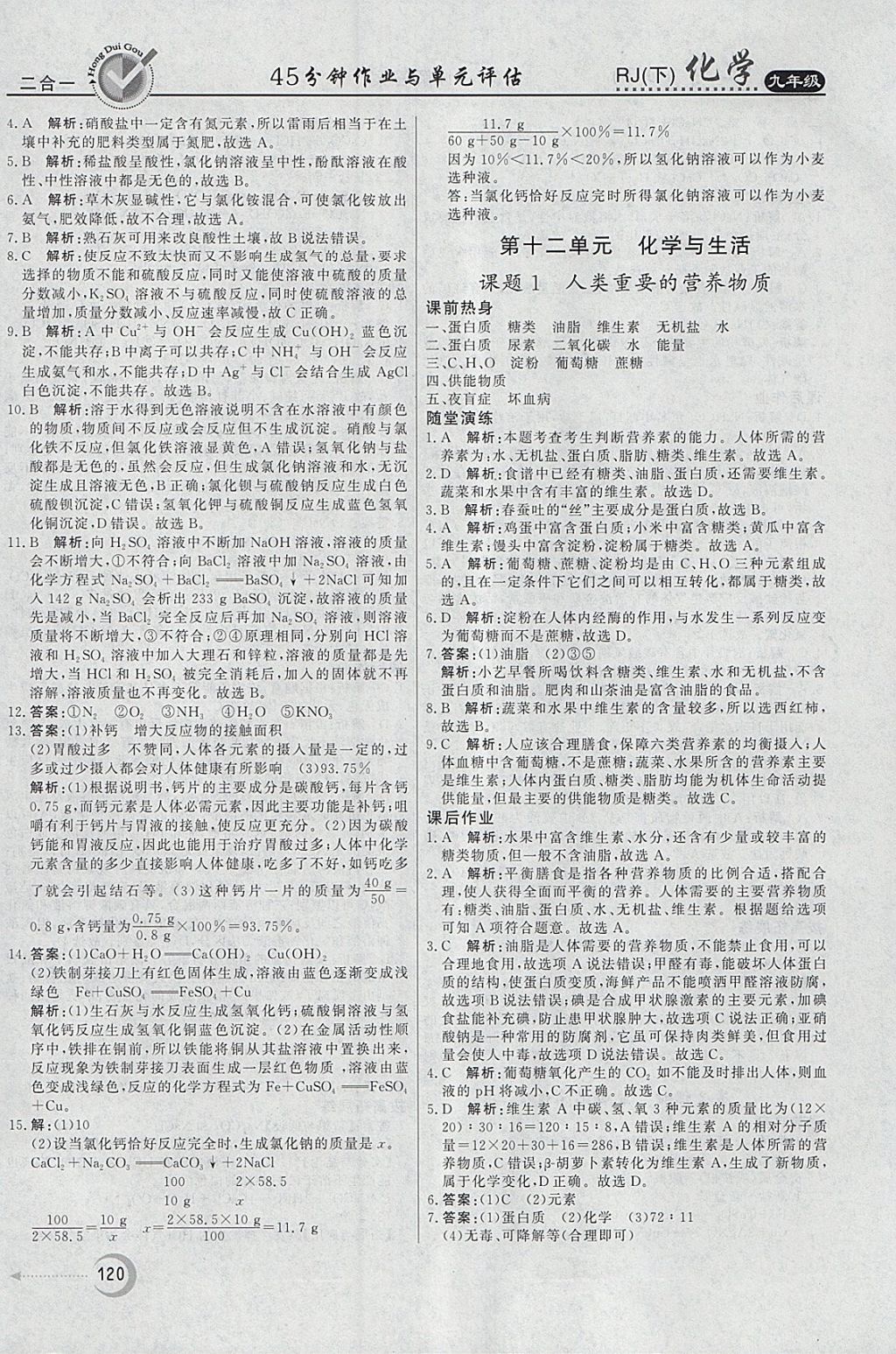 2018年紅對勾45分鐘作業(yè)與單元評估九年級化學下冊人教版 參考答案第20頁