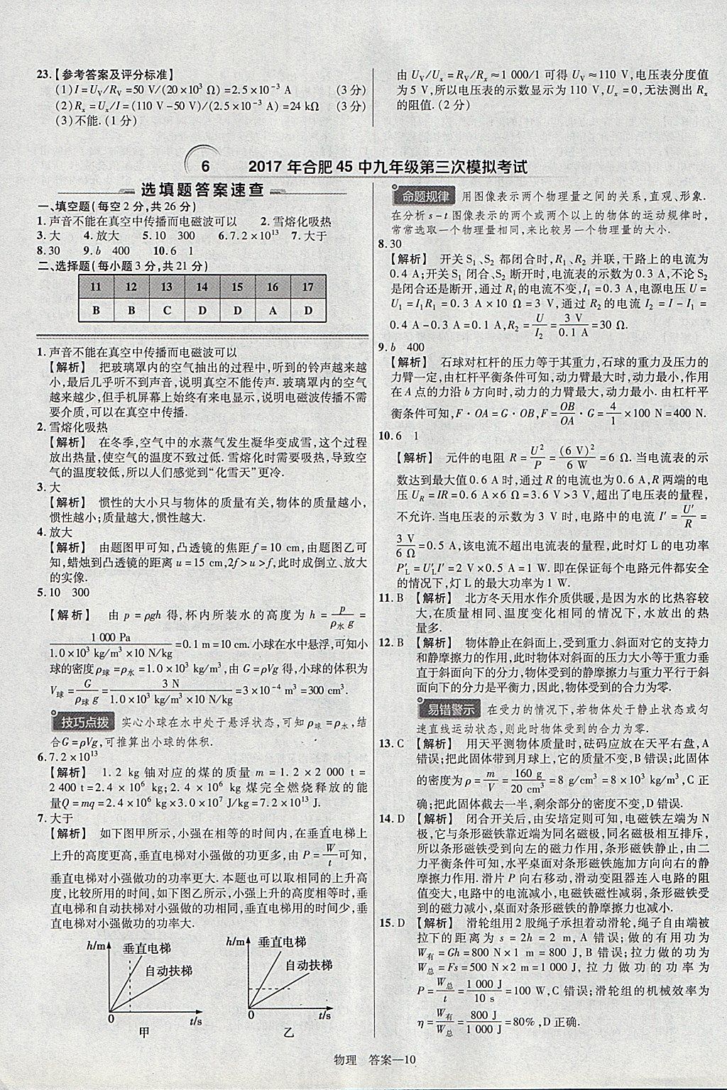 2018年金考卷安徽中考45套匯編物理 參考答案第10頁(yè)