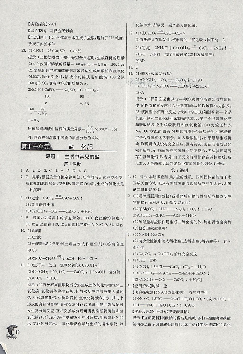 2018年实验班提优训练九年级化学下册人教版 参考答案第18页