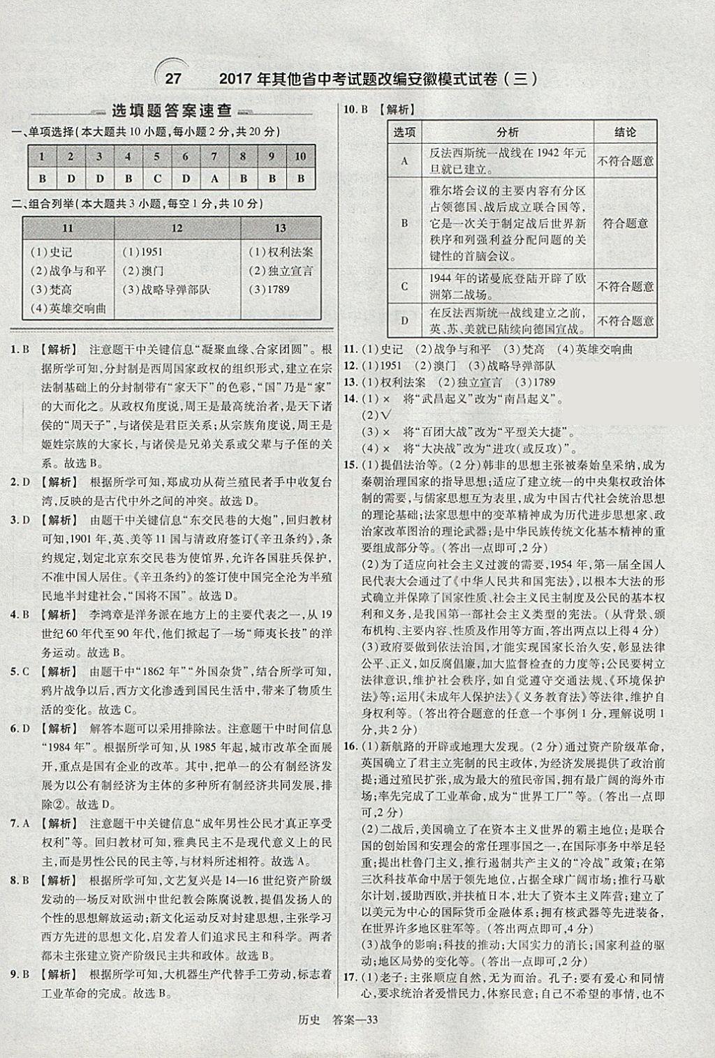 2018年金考卷安徽中考45套匯編歷史 參考答案第33頁(yè)