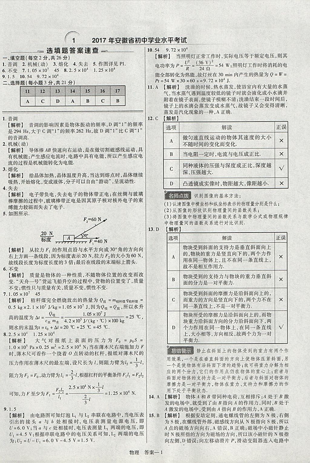 2018年金考卷安徽中考45套匯編物理 參考答案第1頁