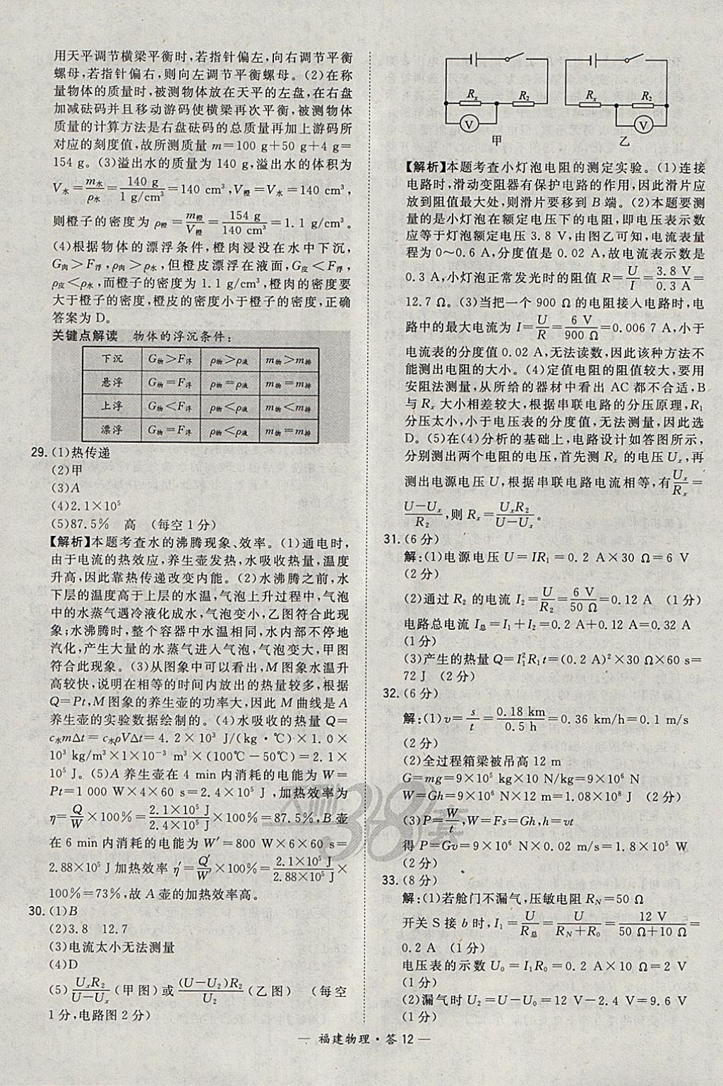 2018年天利38套福建省中考试题精选物理 参考答案第12页