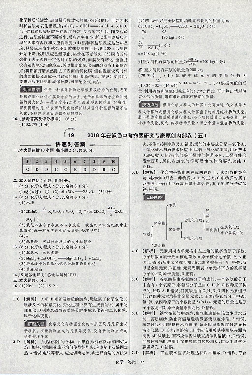 2018年金考卷安徽中考45套匯編化學(xué) 參考答案第32頁