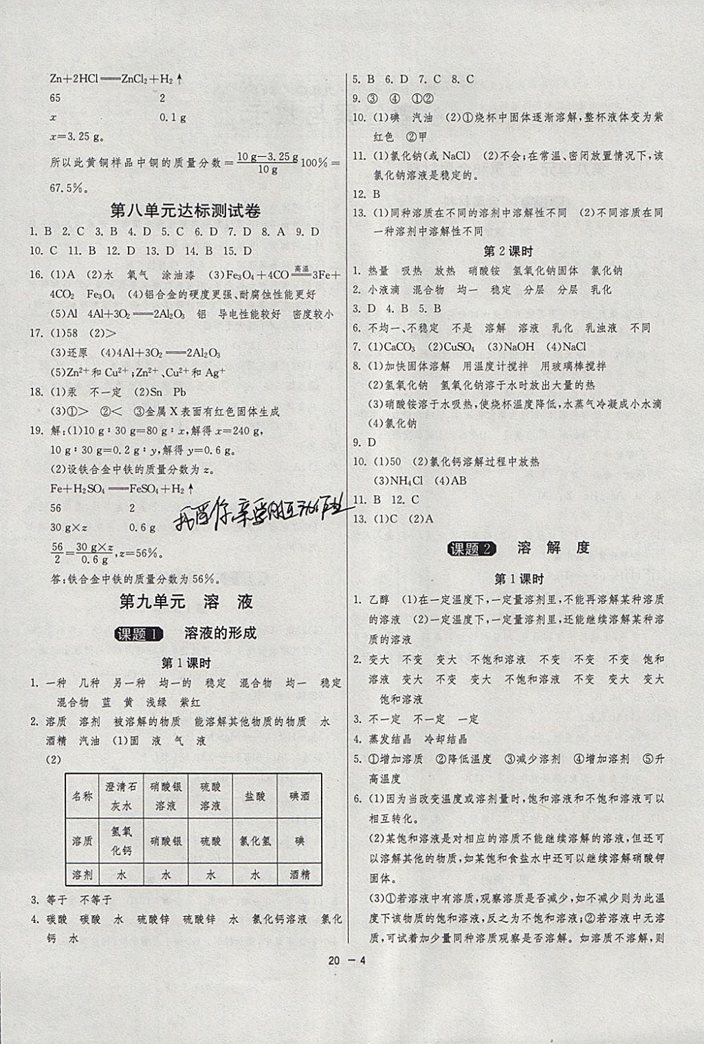 2018年1课3练单元达标测试九年级化学下册人教版 参考答案第4页