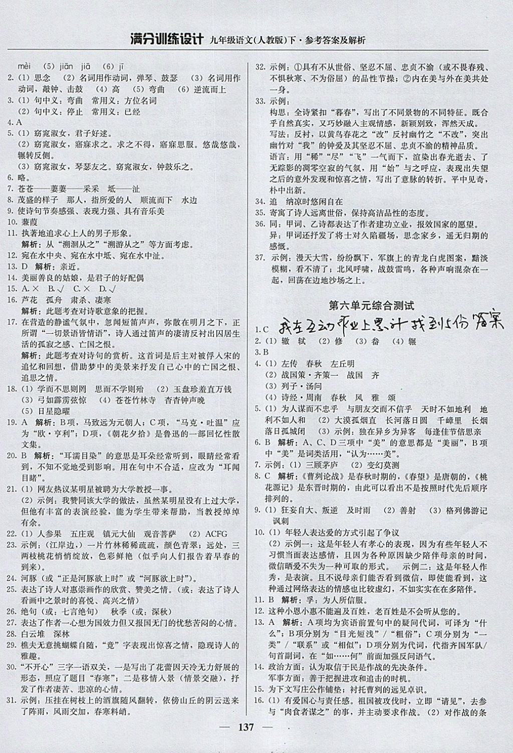 2018年满分训练设计九年级语文下册人教版 参考答案第18页