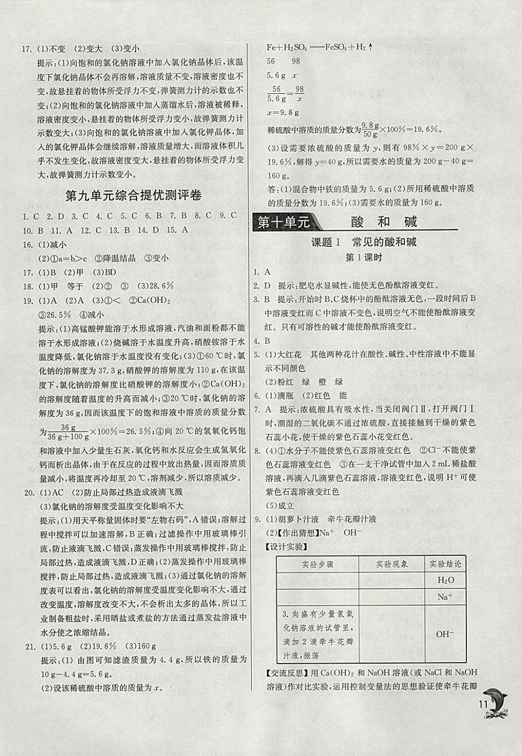 2018年实验班提优训练九年级化学下册人教版 参考答案第11页