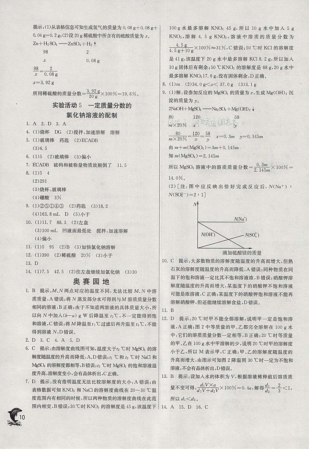 2018年实验班提优训练九年级化学下册人教版 参考答案第10页