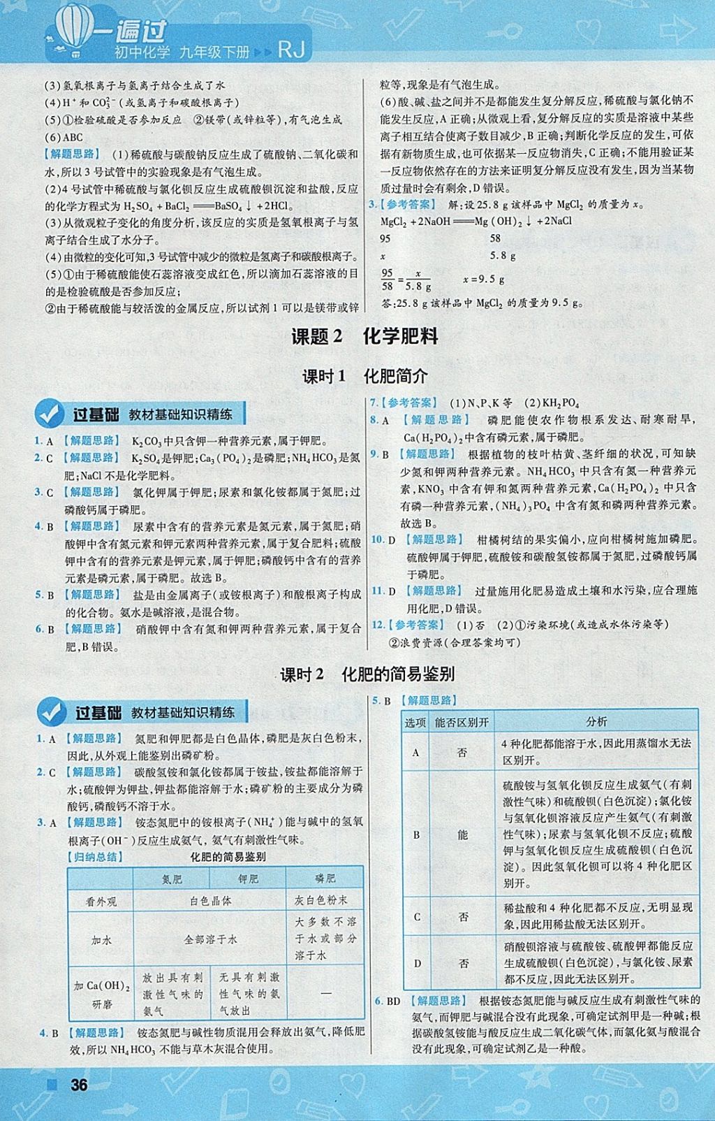 2018年一遍过初中化学九年级下册人教版 参考答案第36页