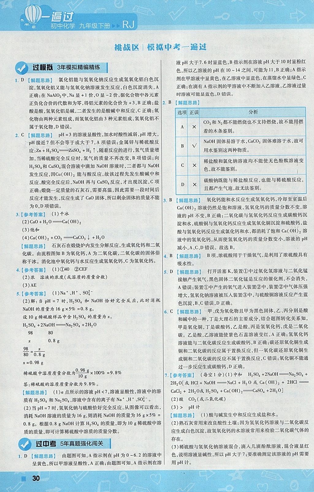 2018年一遍過初中化學(xué)九年級下冊人教版 參考答案第30頁