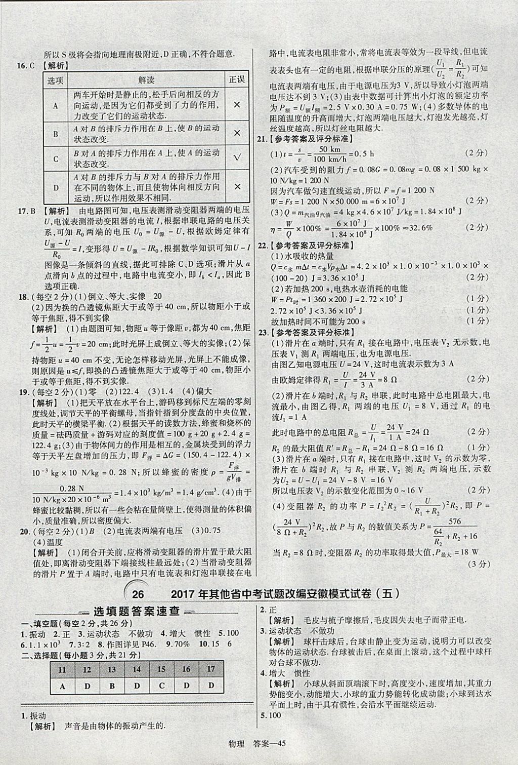 2018年金考卷安徽中考45套匯編物理 參考答案第45頁(yè)