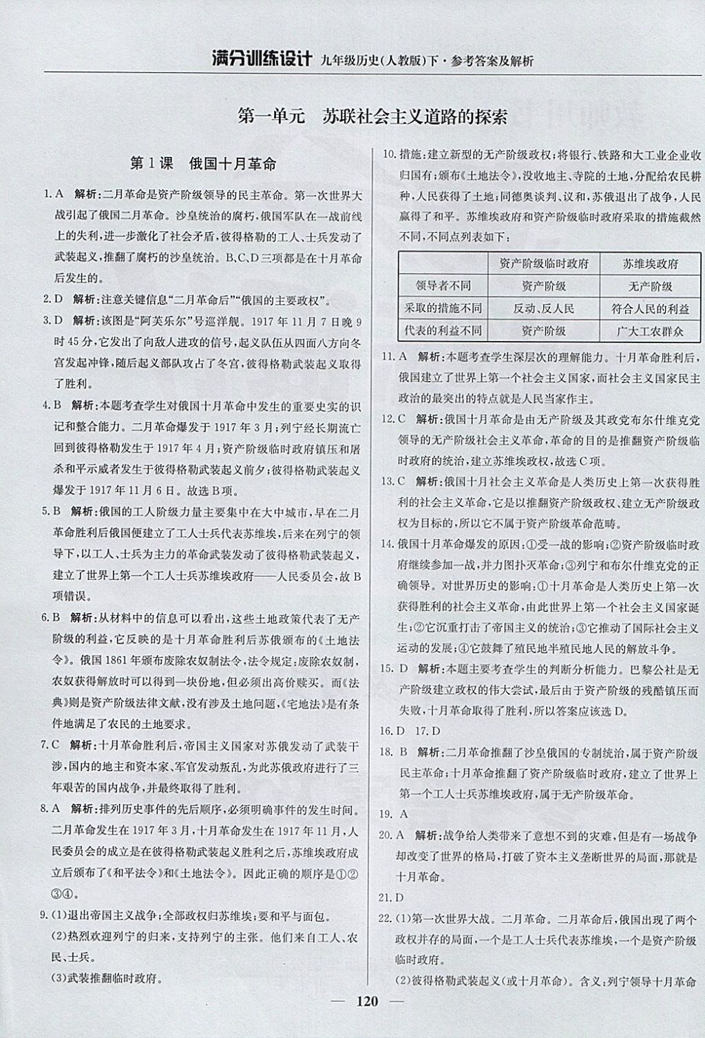 2018年滿分訓(xùn)練設(shè)計九年級歷史下冊人教版 參考答案第1頁