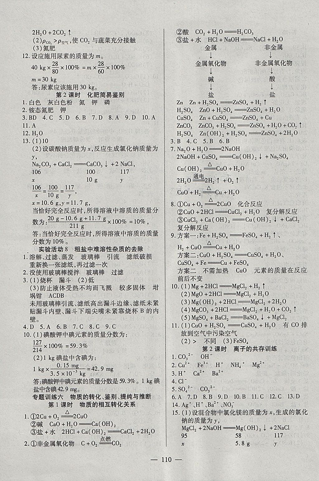 2018年有效课堂课时导学案九年级化学下册 参考答案第11页