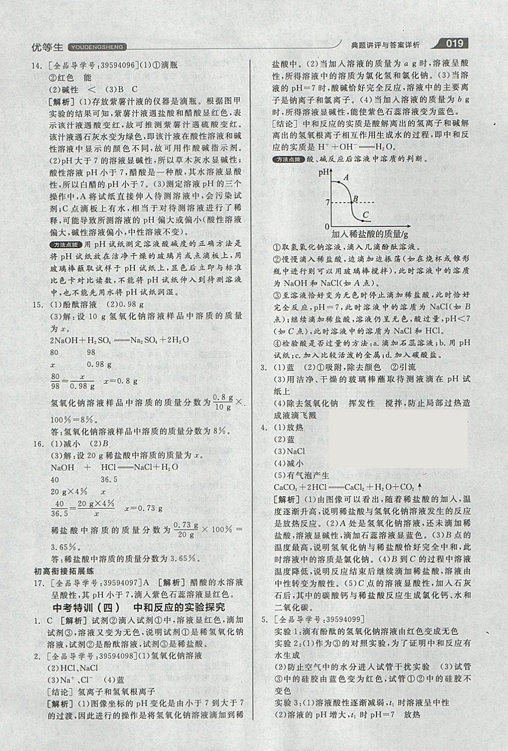 2018年全品优等生同步作业加中考特训九年级化学下册人教版 参考答案第19页