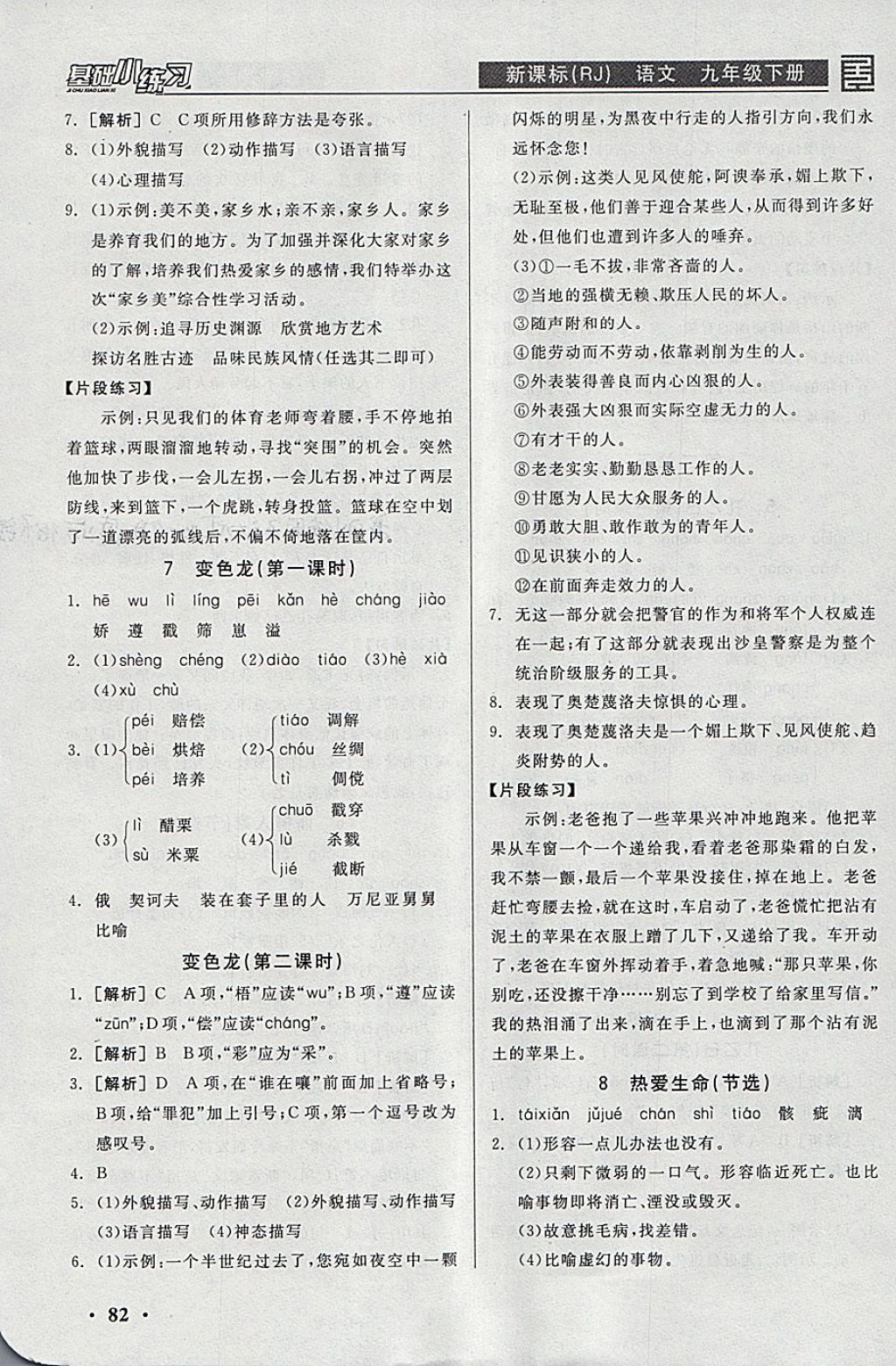 2018年全品基础小练习九年级语文下册人教版 参考答案第4页