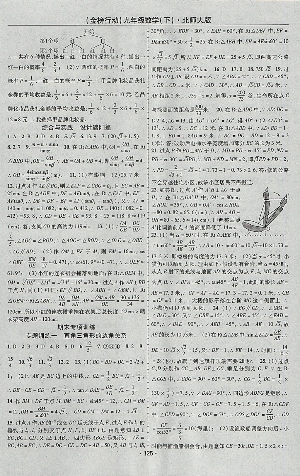 2018年金榜行动课时导学案九年级数学下册北师大版 参考答案第9页