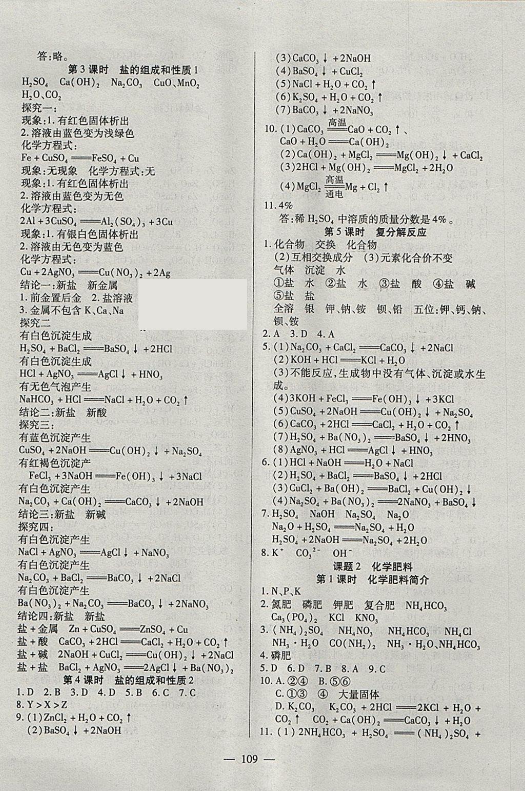 2018年有效课堂课时导学案九年级化学下册 参考答案第10页