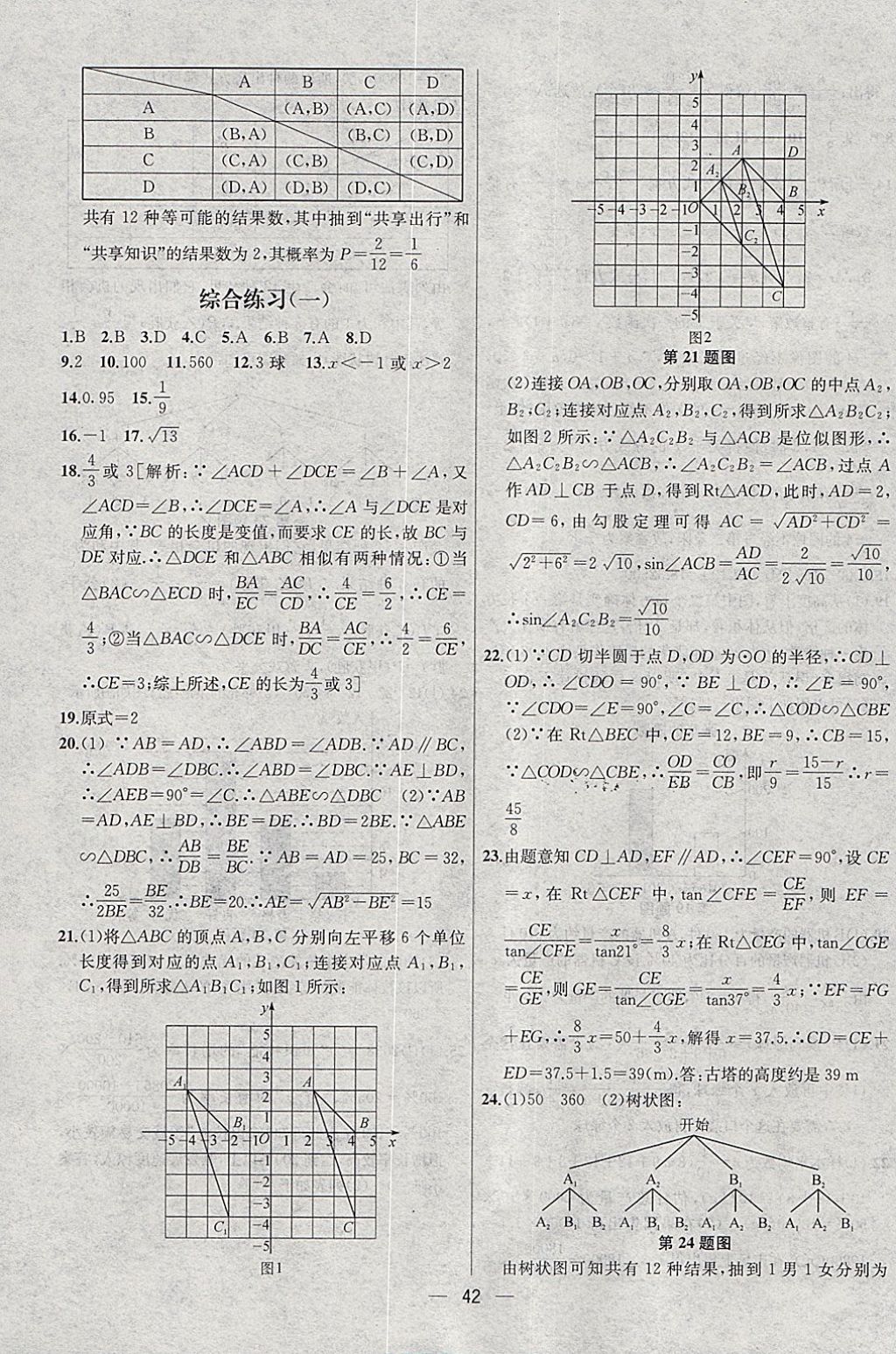 2018年金鑰匙提優(yōu)訓練課課練九年級數(shù)學下冊江蘇版 參考答案第42頁