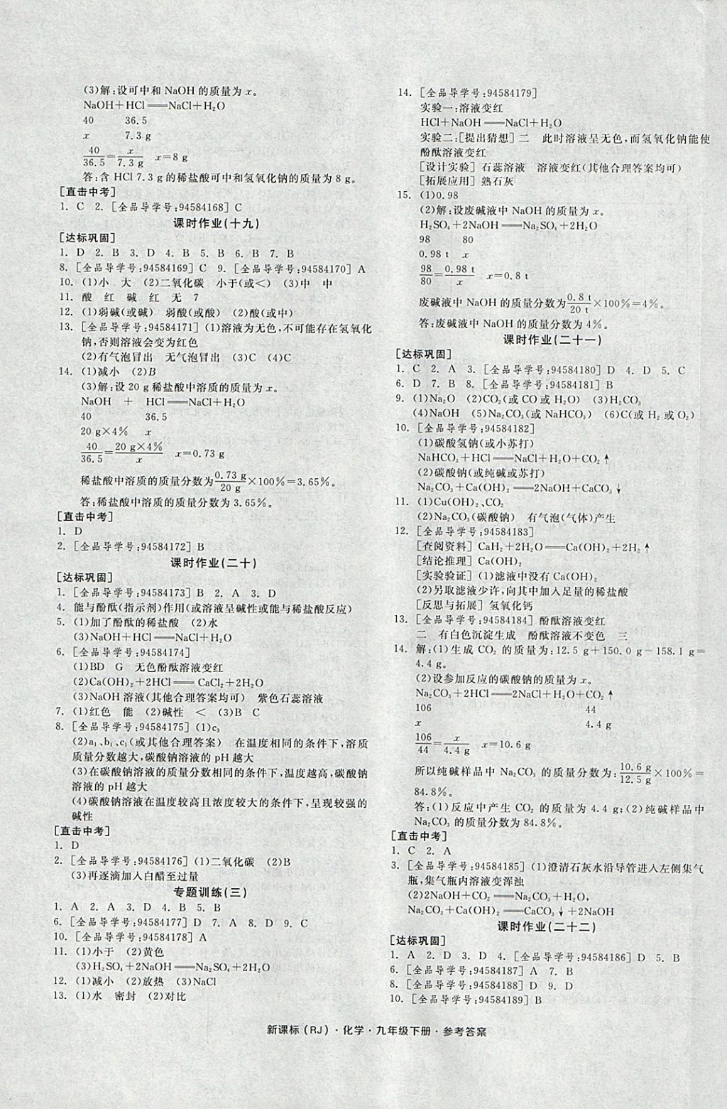 2018年全品学练考九年级化学下册人教版 参考答案第9页