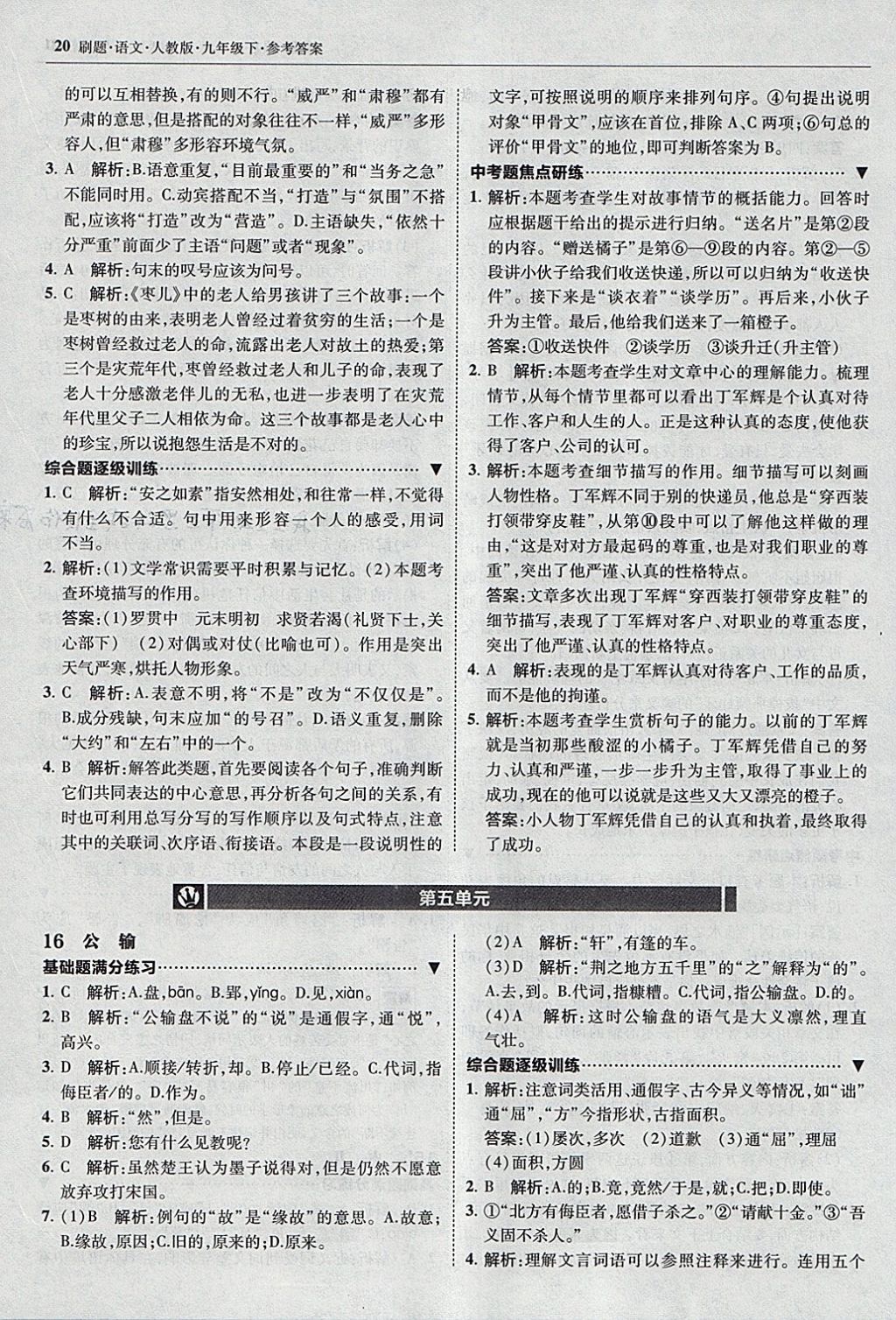 2018年北大綠卡刷題九年級語文下冊人教版 參考答案第19頁