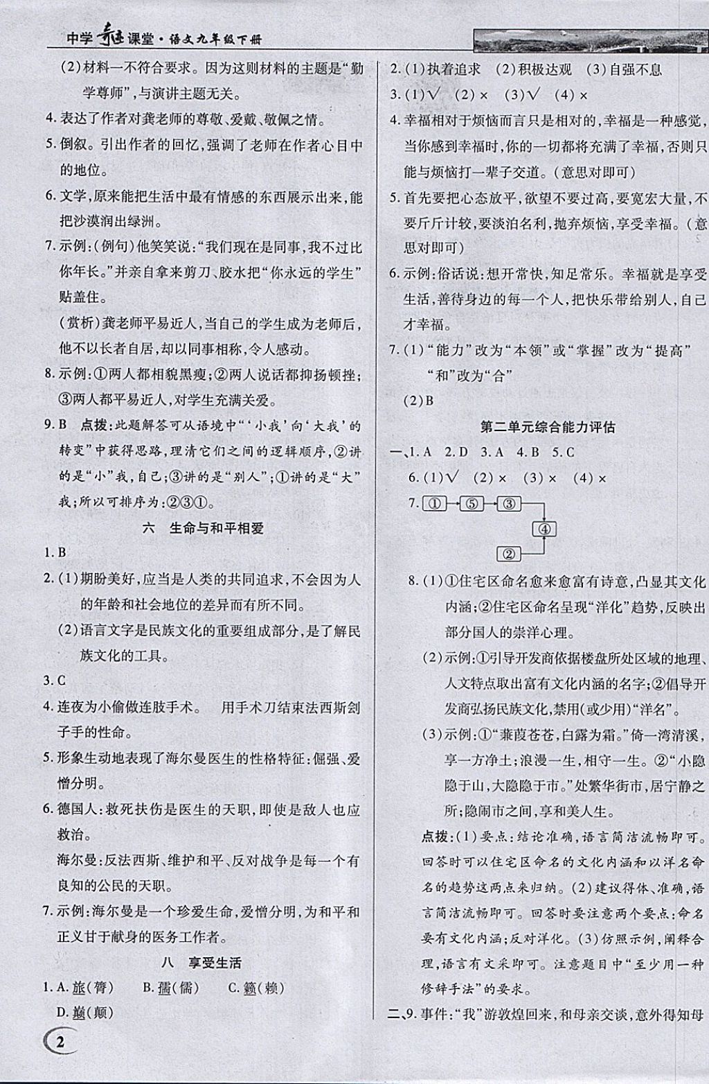 2018年英才教程中学奇迹课堂教材解析完全学习攻略九年级语文下册苏教版 参考答案第2页