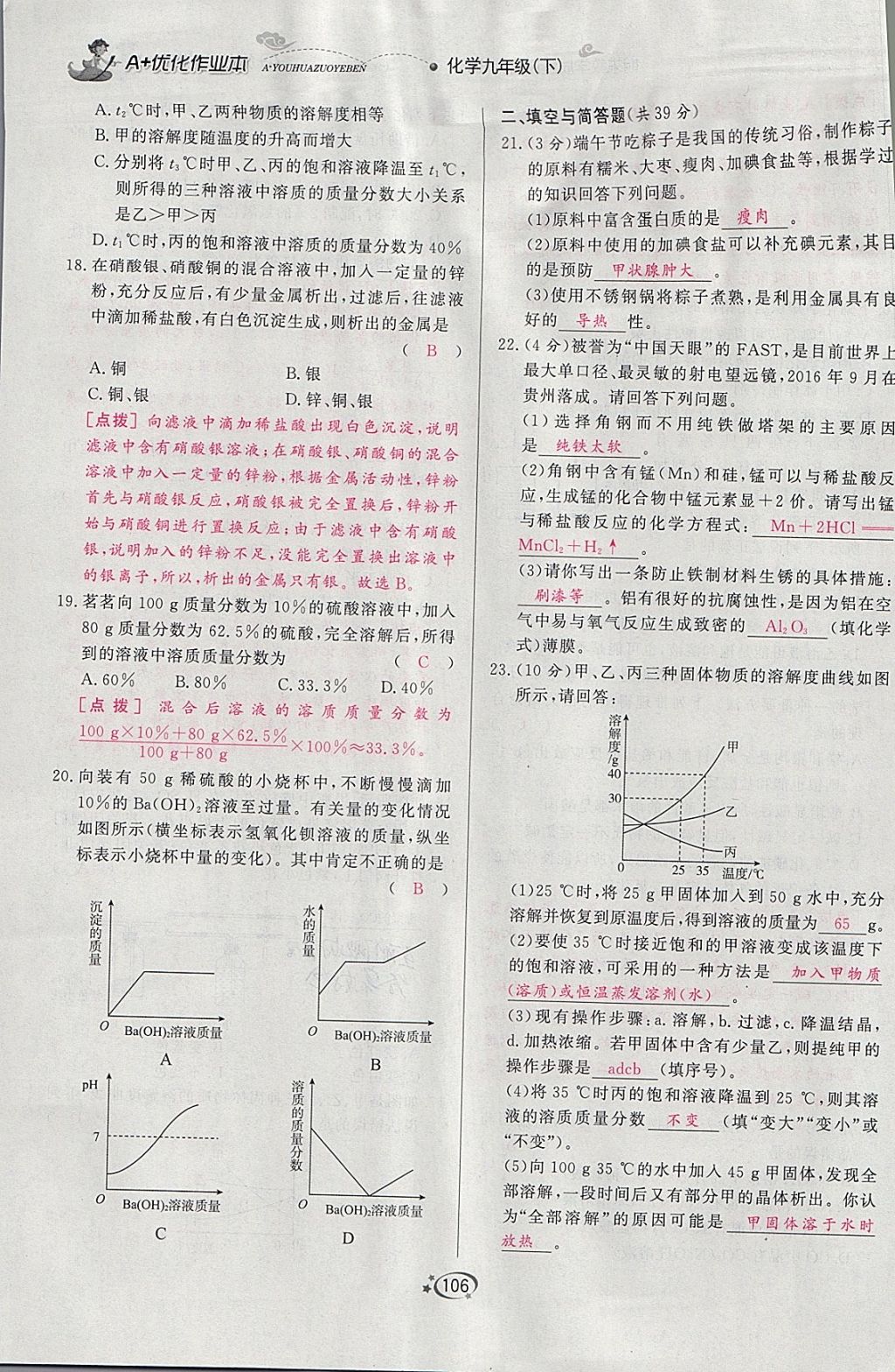 2018年A加优化作业本九年级化学下册人教版 参考答案第91页