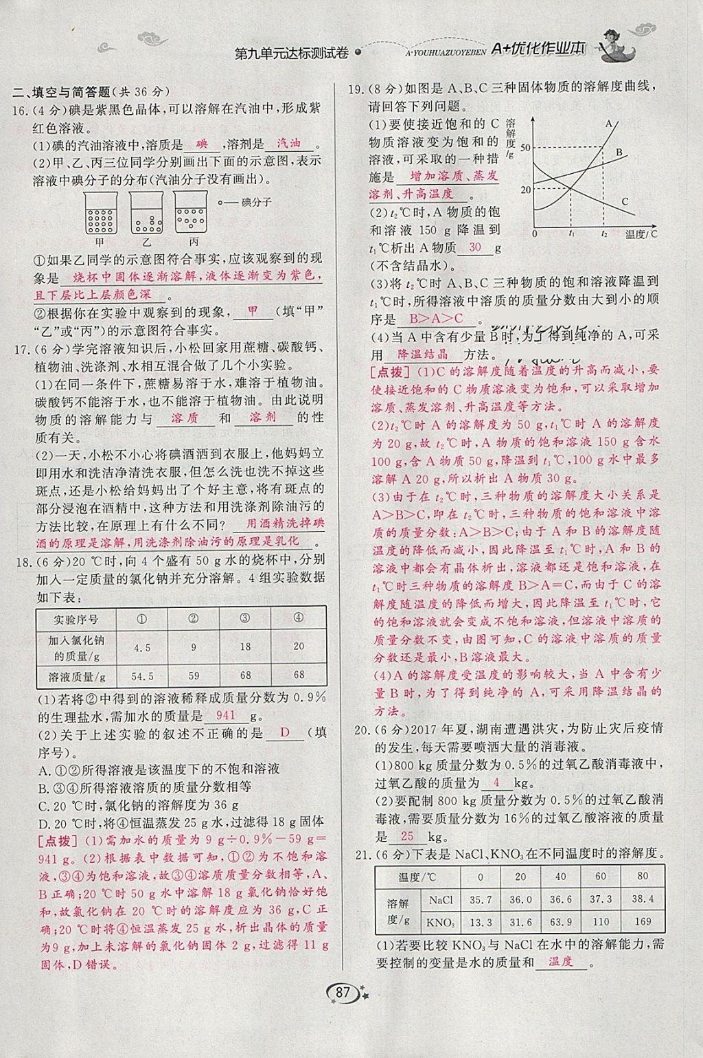 2018年A加优化作业本九年级化学下册人教版 参考答案第72页