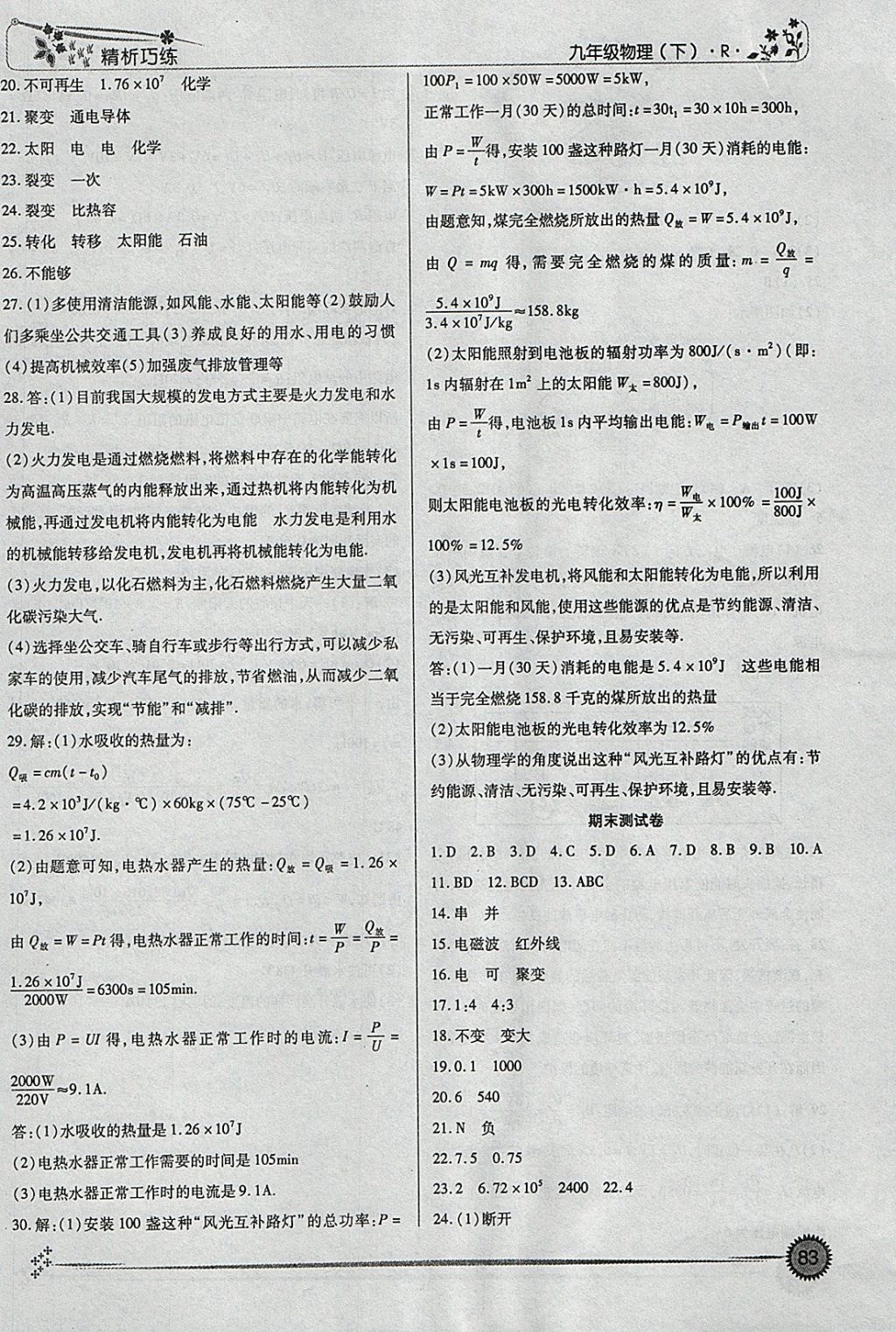 2018年精析巧练阶段性复习与测试九年级物理下册R 参考答案第15页