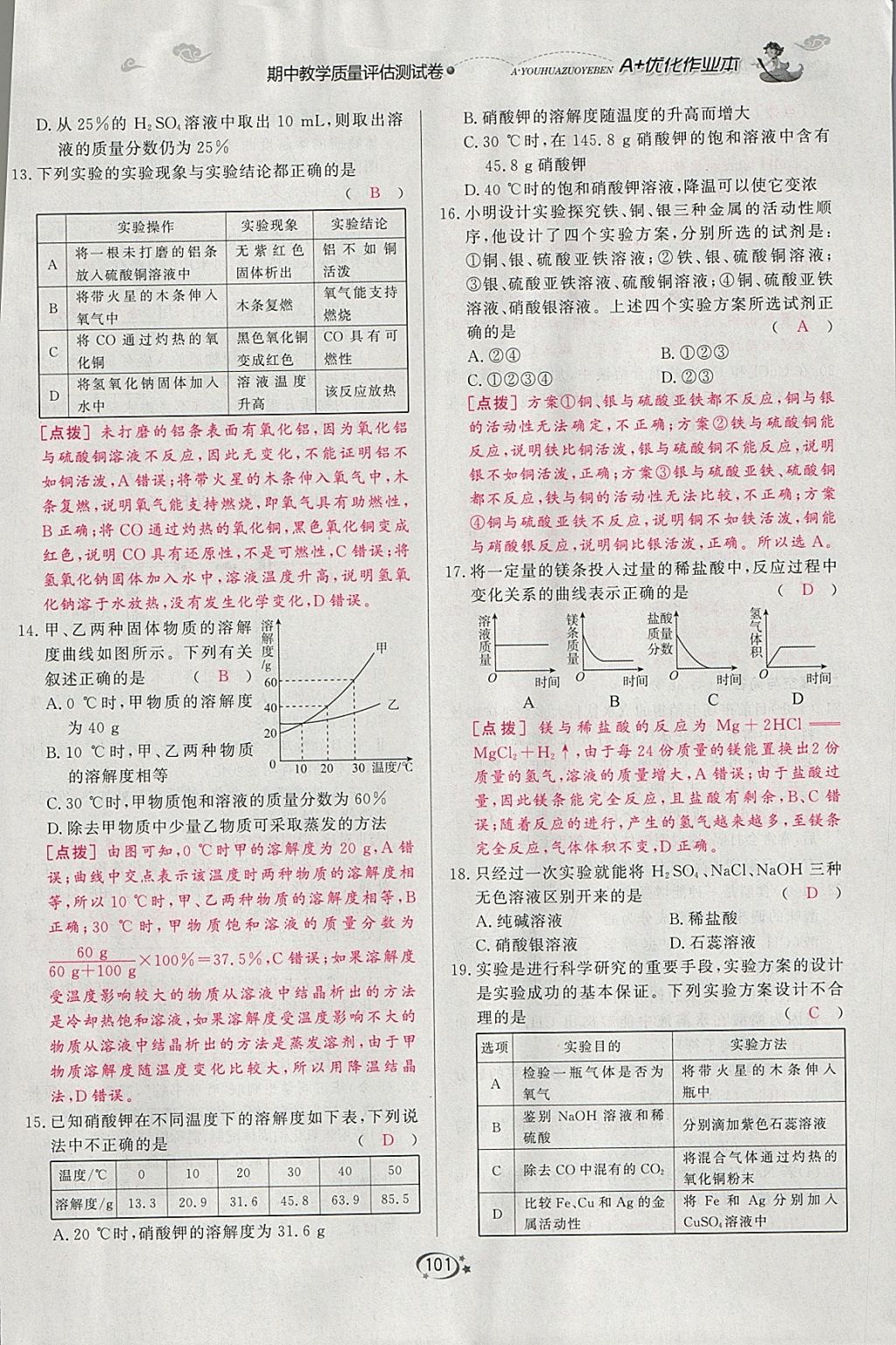 2018年A加优化作业本九年级化学下册人教版 参考答案第86页