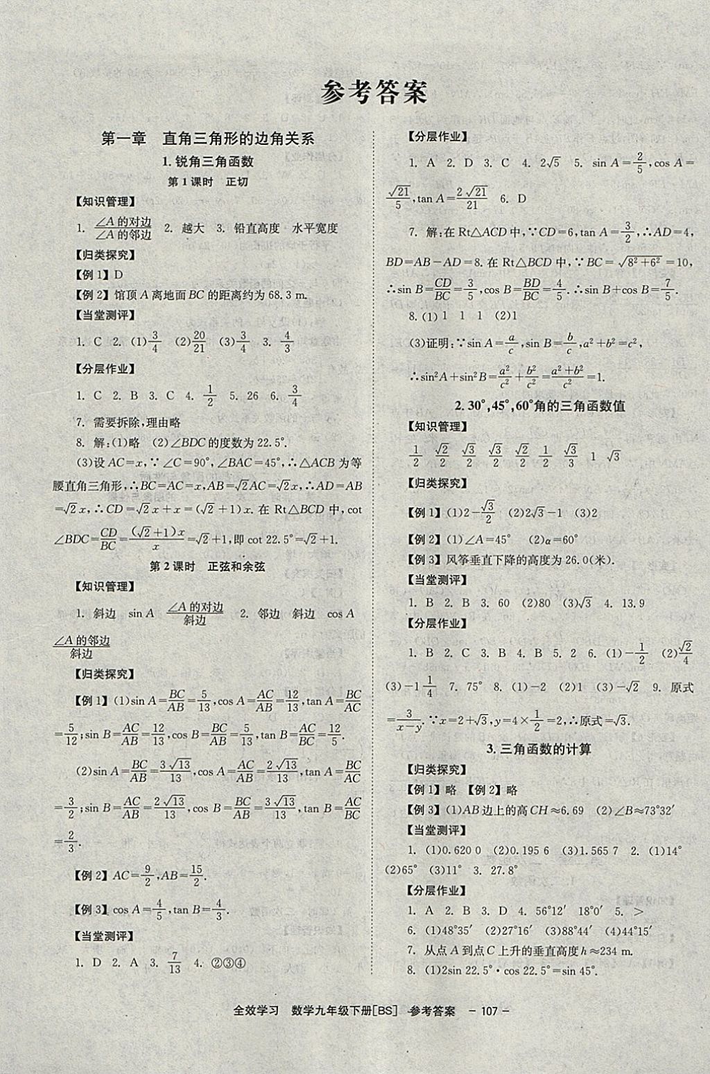 2018年全效學(xué)習(xí)學(xué)業(yè)評價方案九年級數(shù)學(xué)下冊北師大版北京時代華文書局 參考答案第1頁