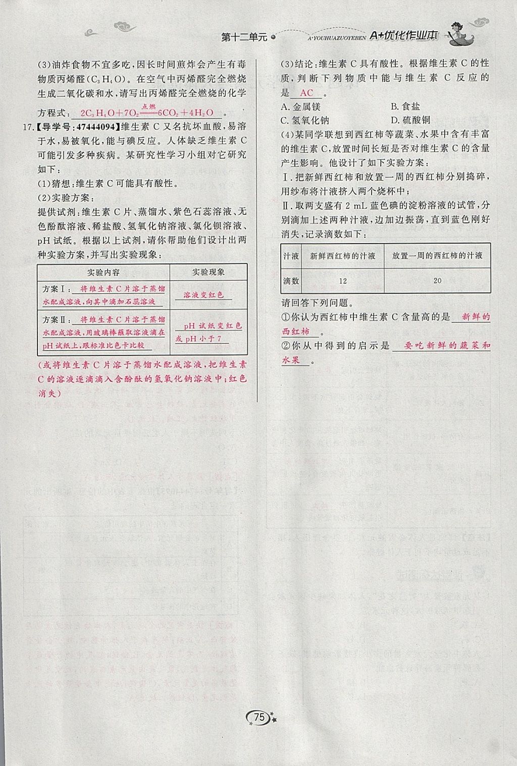 2018年A加优化作业本九年级化学下册人教版 参考答案第60页