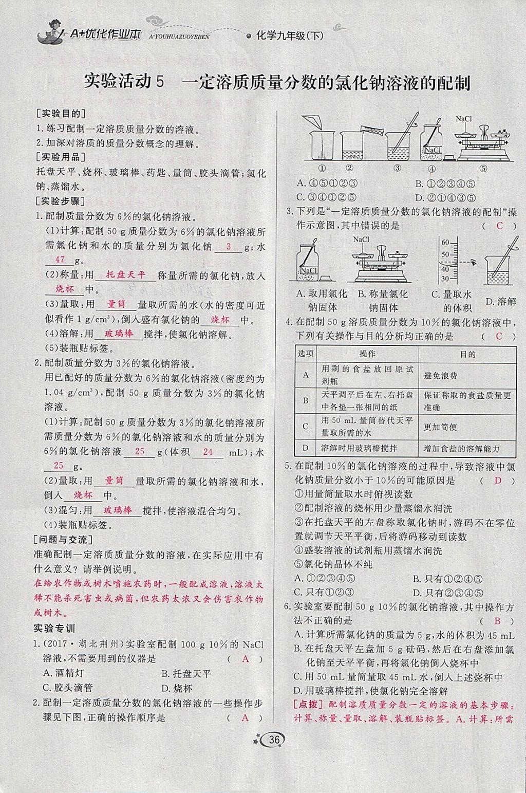 2018年A加優(yōu)化作業(yè)本九年級化學(xué)下冊人教版 參考答案第17頁