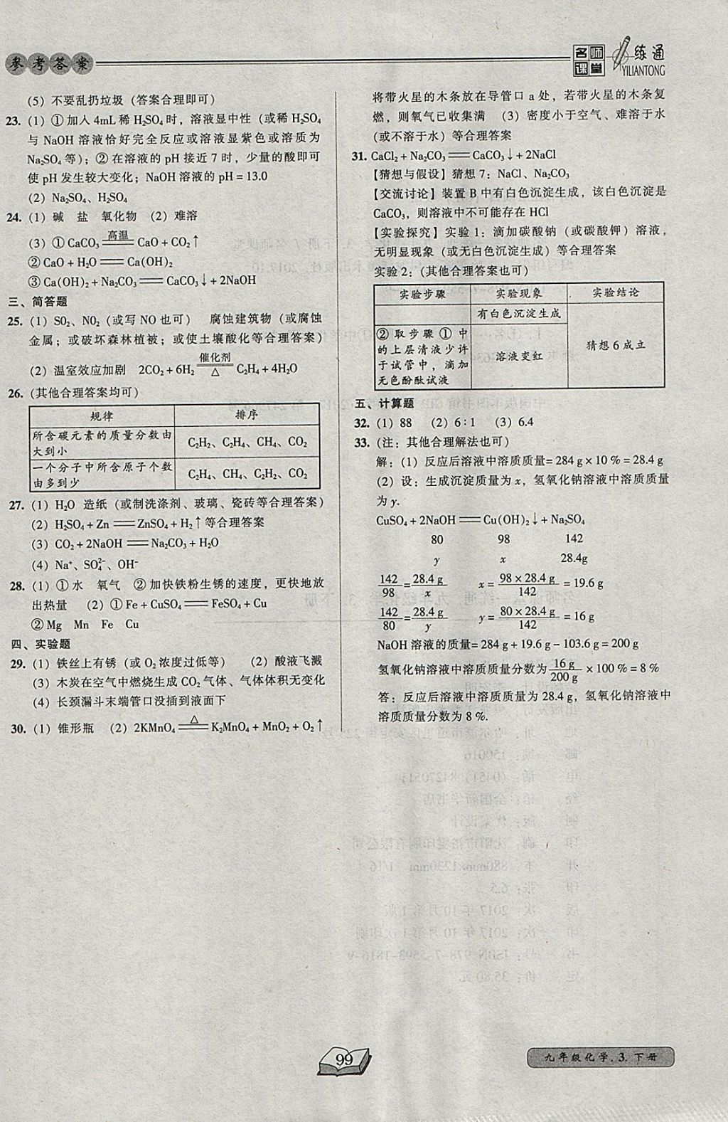 2018年名師課堂一練通九年級(jí)化學(xué)下冊(cè)科學(xué)版 參考答案第17頁(yè)