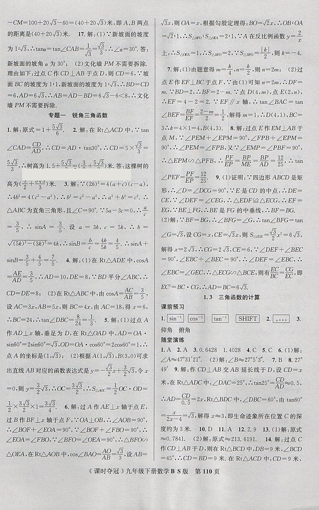 2018年课时夺冠九年级数学下册北师大版 参考答案第2页