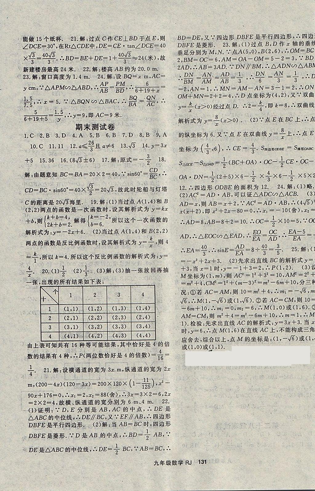 2018年名师大课堂九年级数学下册人教版 参考答案第15页