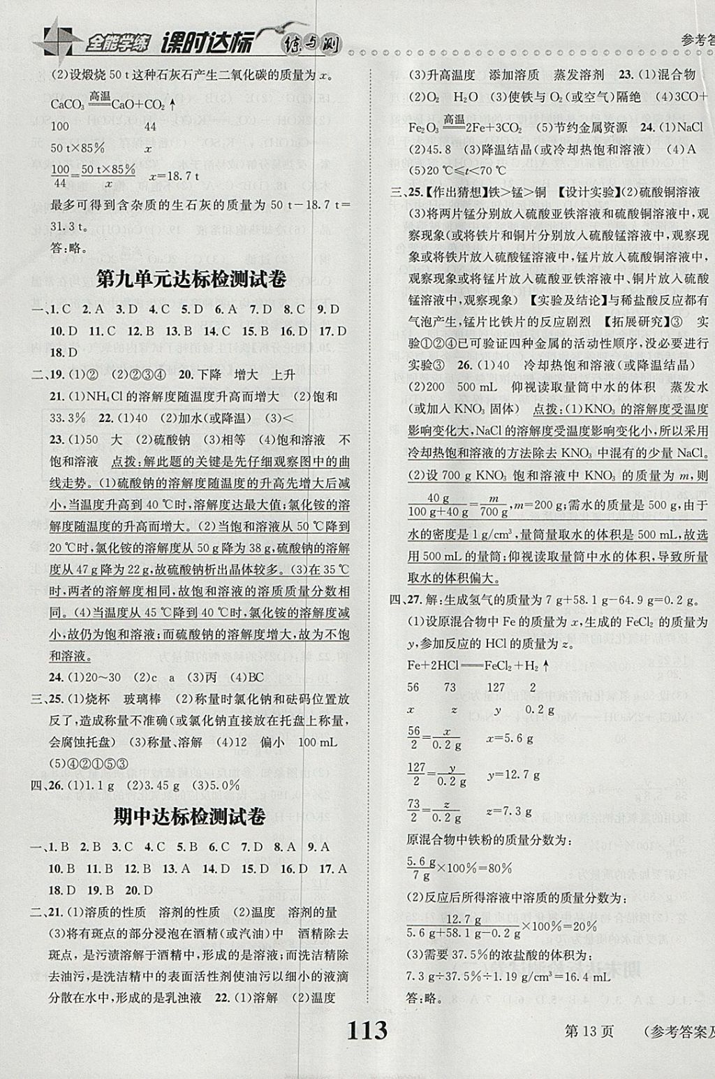 2018年课时达标练与测九年级化学下册人教版 参考答案第13页