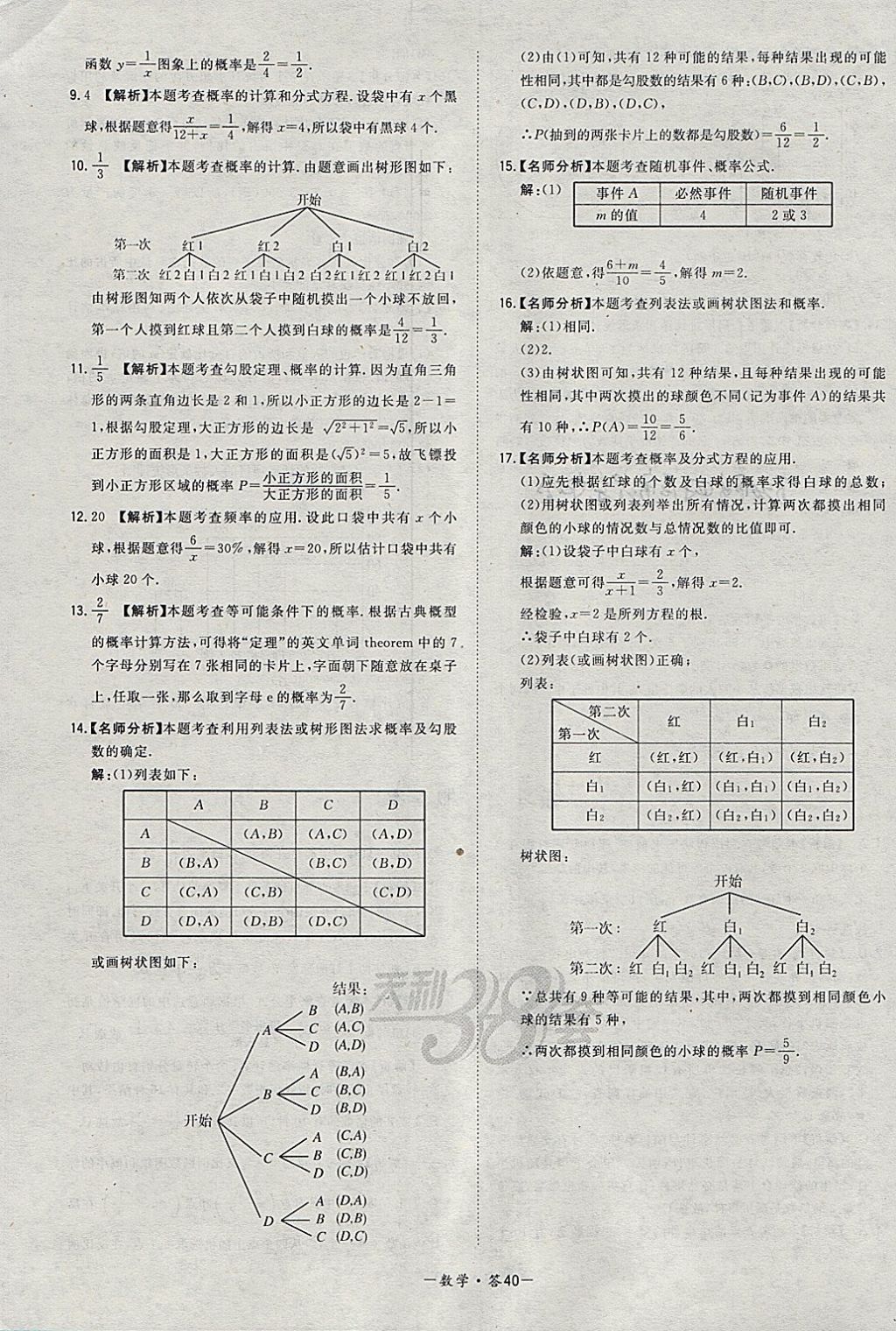 2018年天利38套对接中考全国各省市中考真题常考基础题数学 参考答案第40页