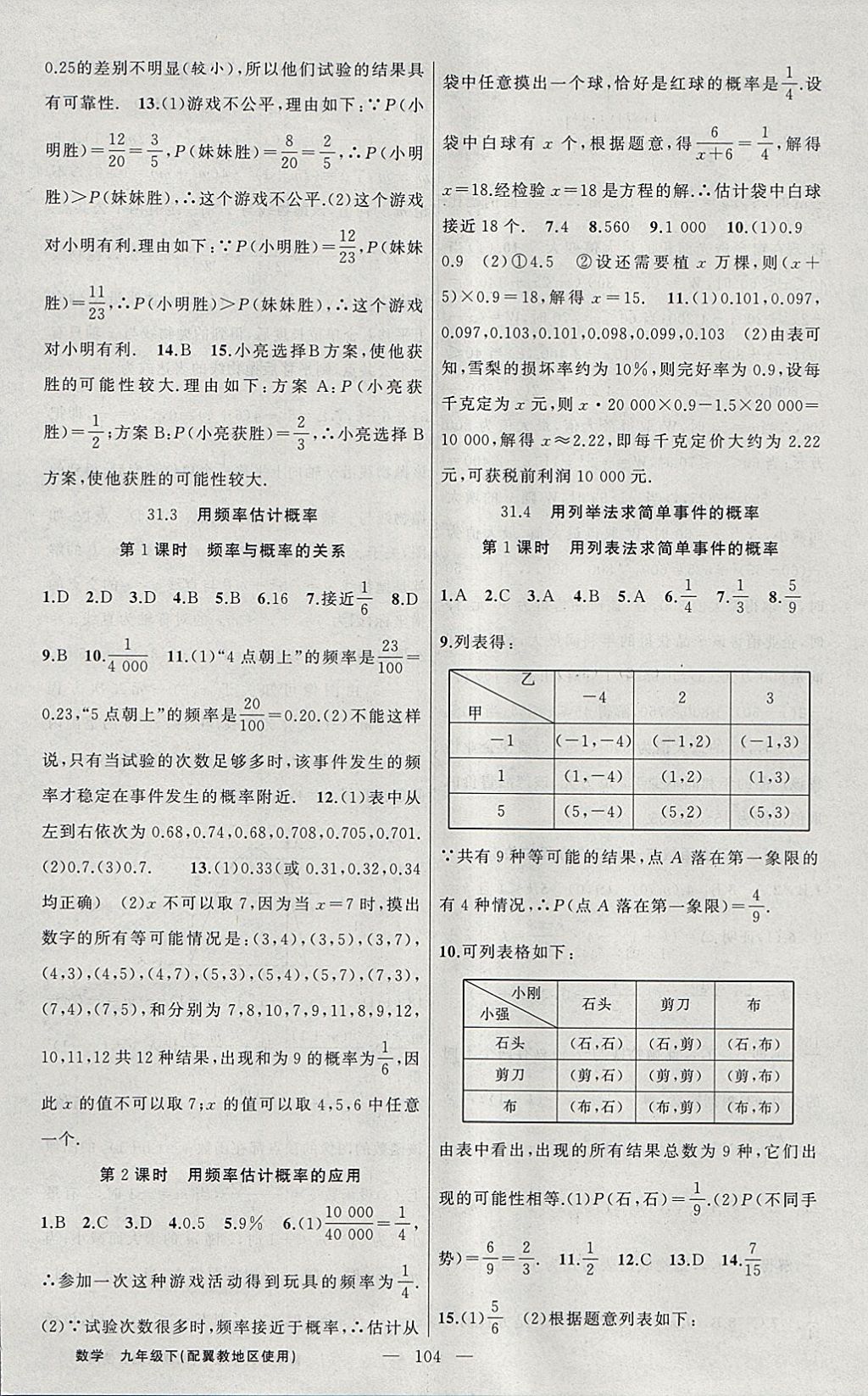 2018年黄冈100分闯关九年级数学下册冀教版 参考答案第12页