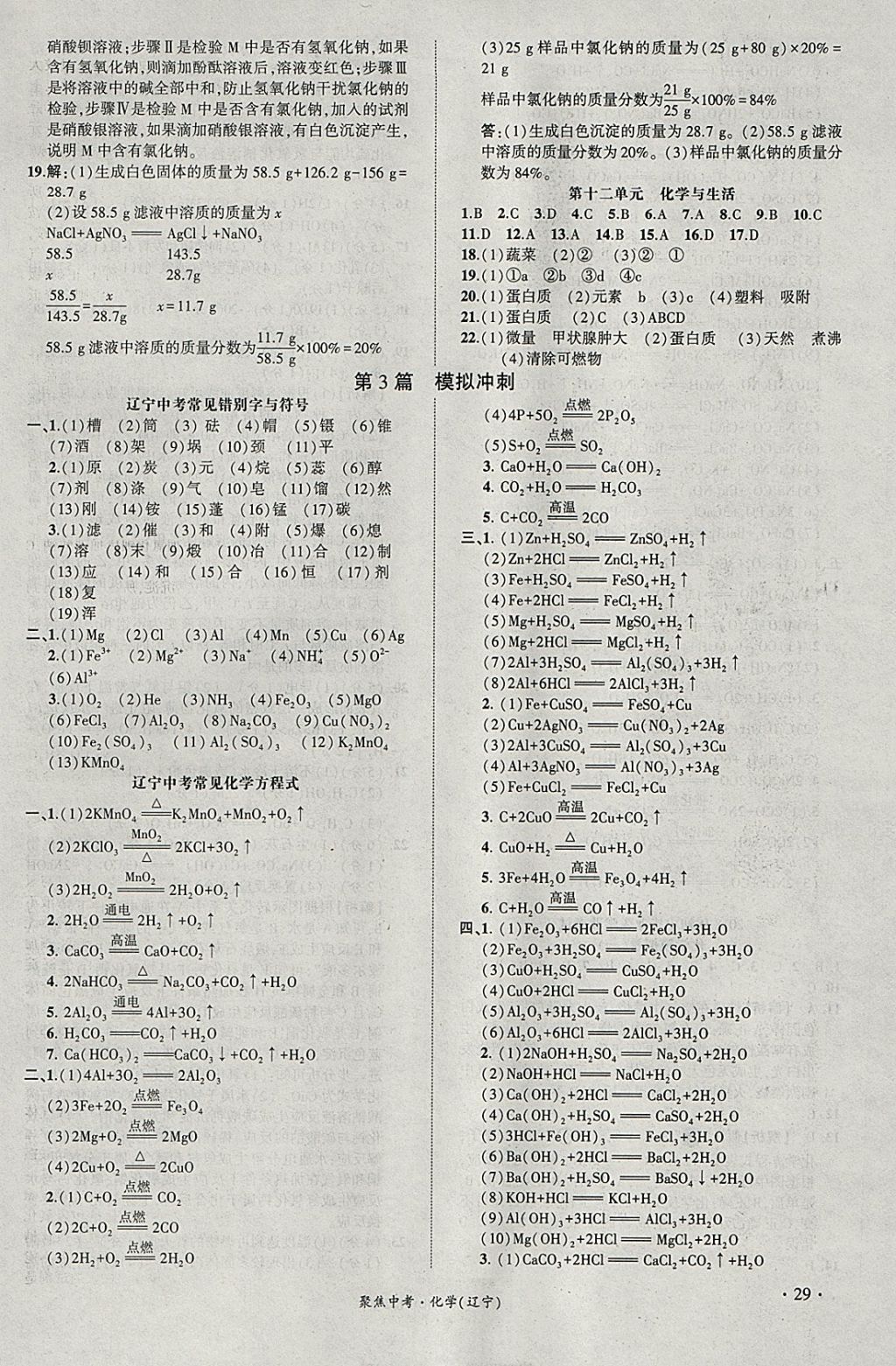 2018年聚焦中考化学辽宁专版 参考答案第29页