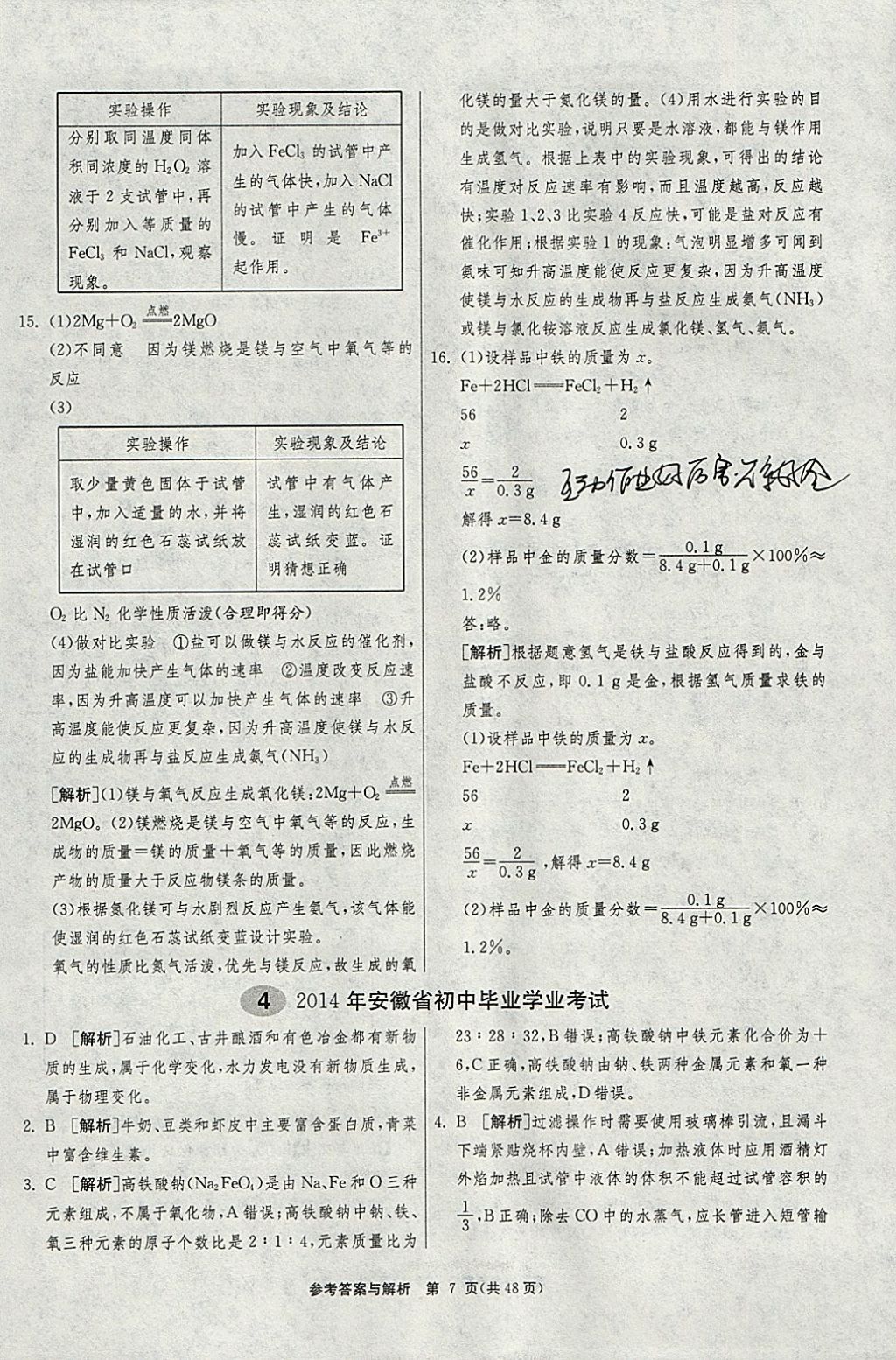 2018年春雨教育考必勝2017安徽省中考試卷精選化學(xué) 參考答案第7頁