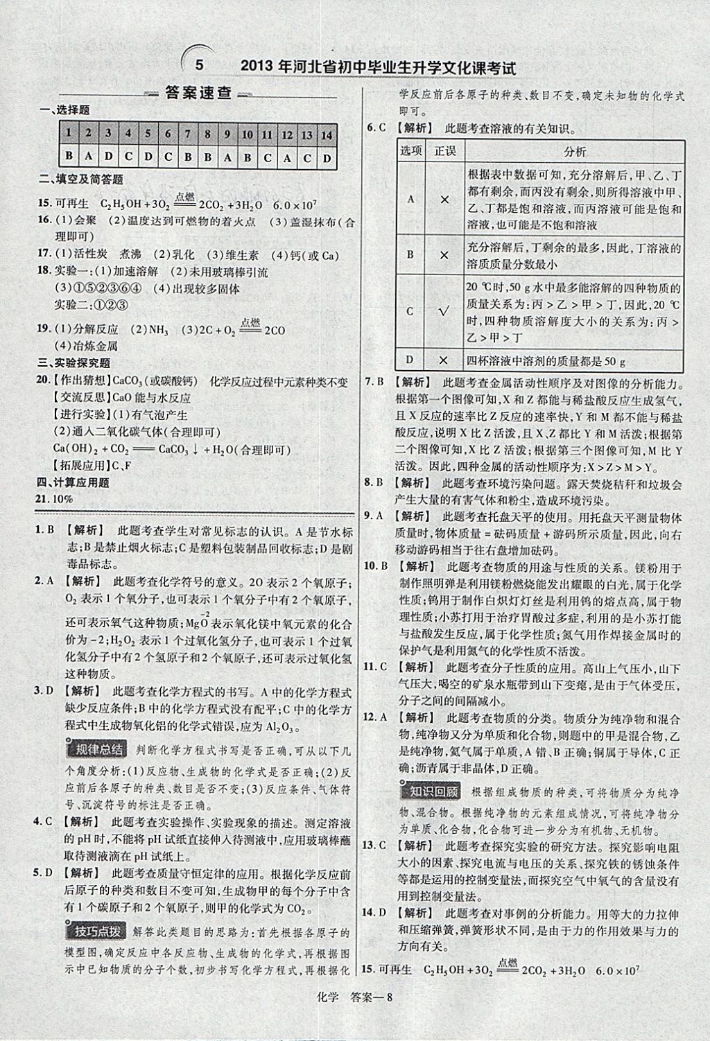 2018年金考卷河北中考45套匯編化學(xué)第6年第6版 參考答案第8頁