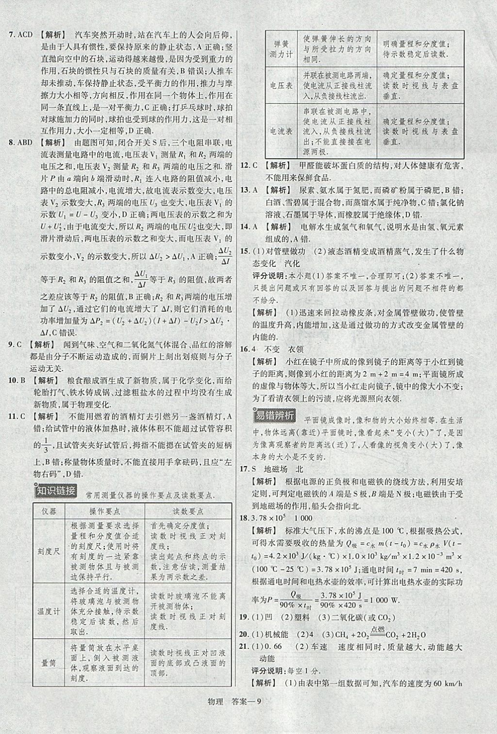 2018年金考卷河北中考45套匯編物理第6年第6版 參考答案第9頁