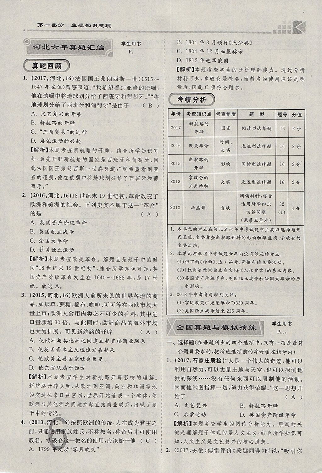 2018年金牌教練贏在燕趙初中總復(fù)習(xí)歷史河北中考專用 參考答案第6頁